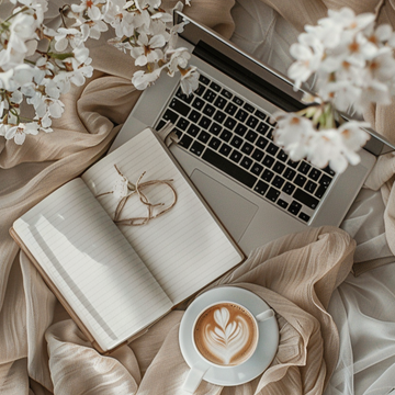 Laptop, notebook, and coffee cup on a soft fabric surface with cherry blossoms. Talk2Tessa AI Self-Help with ACT & Self-Compassion