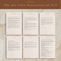 Showing the Six Core Processes of Acceptance & Commitment Therapy — Acceptance, Defusion, Being Present, Self-as-Context, Values, and Committed Action — representing psychological flexibility in gentle Talk2Tessa style.
