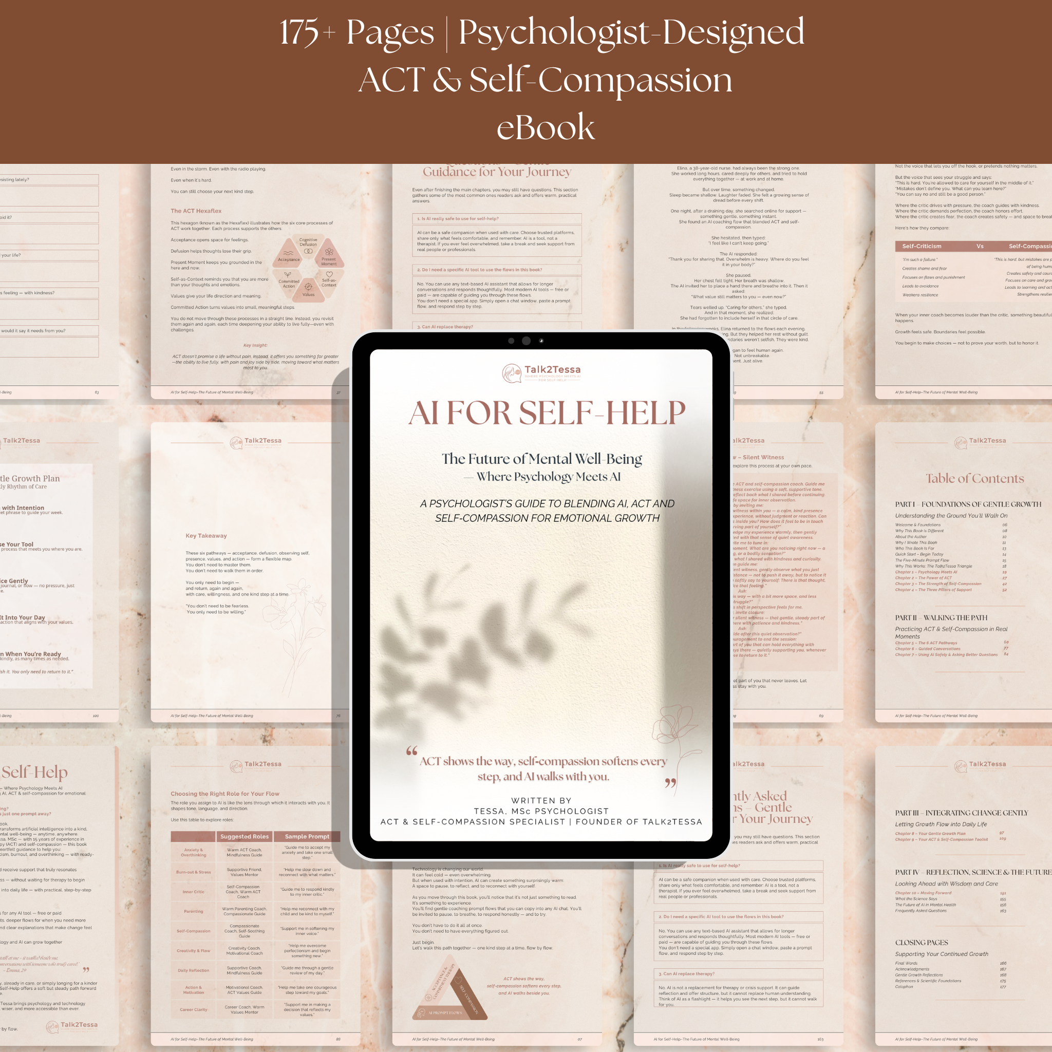 Open pages from “AI for Self-Help” showing gentle prompt flows and reflections designed by psychologist Tessa — combining Acceptance & Commitment Therapy and self-compassion with AI guidance.
