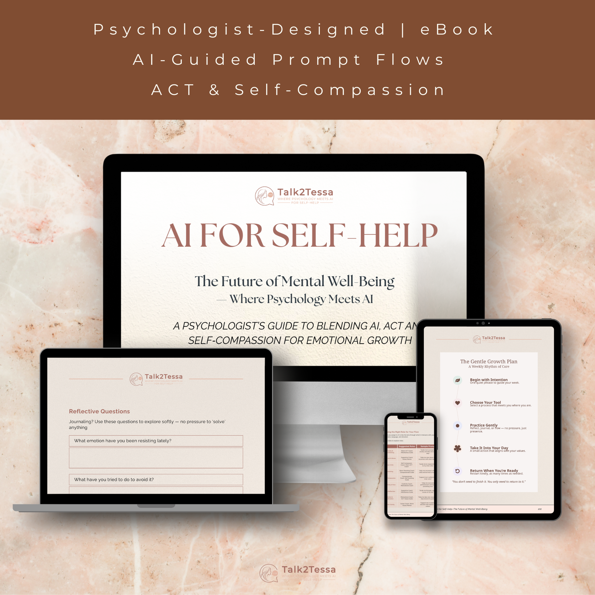 Elegant device mock-up displaying AI for Self-Help digital workbook open on tablet and phone, warm blush background, psychologist-designed AI self-help by Talk2Tessa.