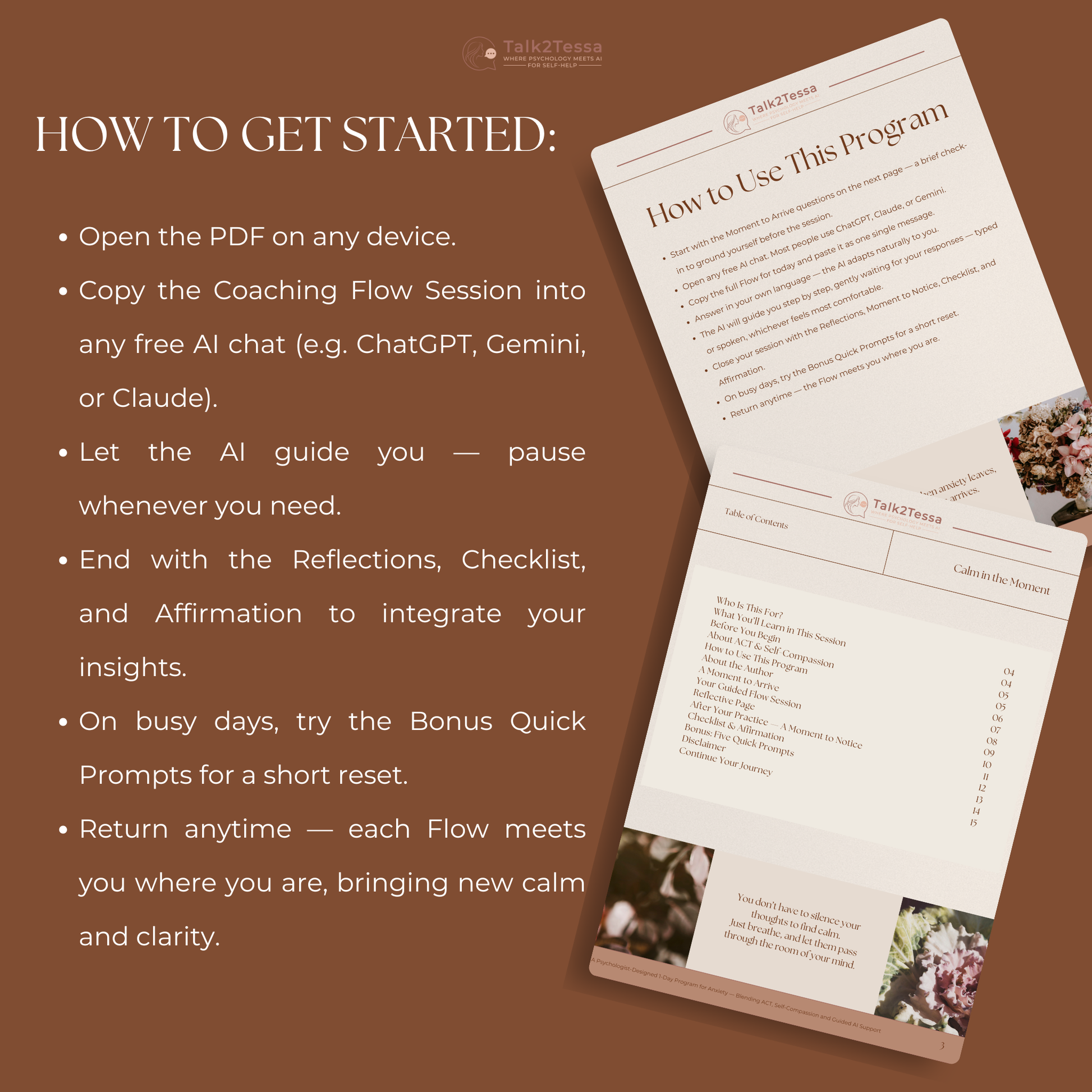 How to Get Started mockup for the Calm in the Moment anxiety workbook, showing the step-by-step process to download the PDF and use the AI Coaching Flow.