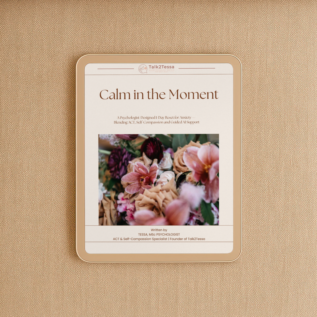 Cover mockup of the Calm in the Moment anxiety program, featuring the 1-day ACT-based PDF workbook for easing anxious thoughts and grounding the body.