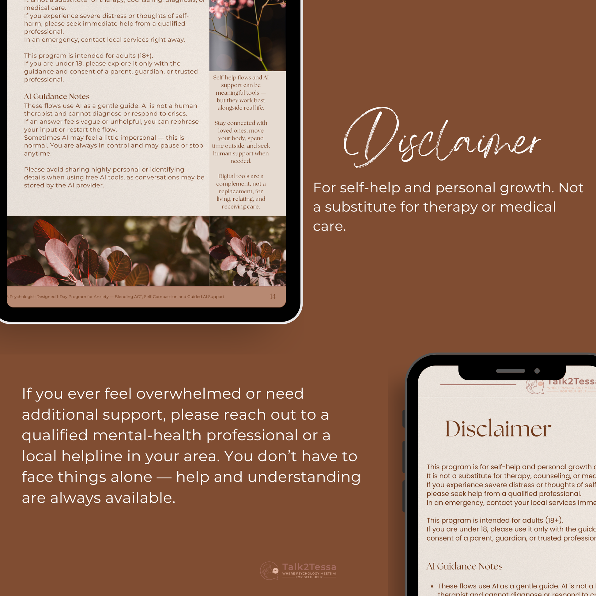 Mockup showing the disclaimer section of the Calm in the Moment anxiety program, explaining that the session is for self-help only and not a substitute for therapy or medical care.