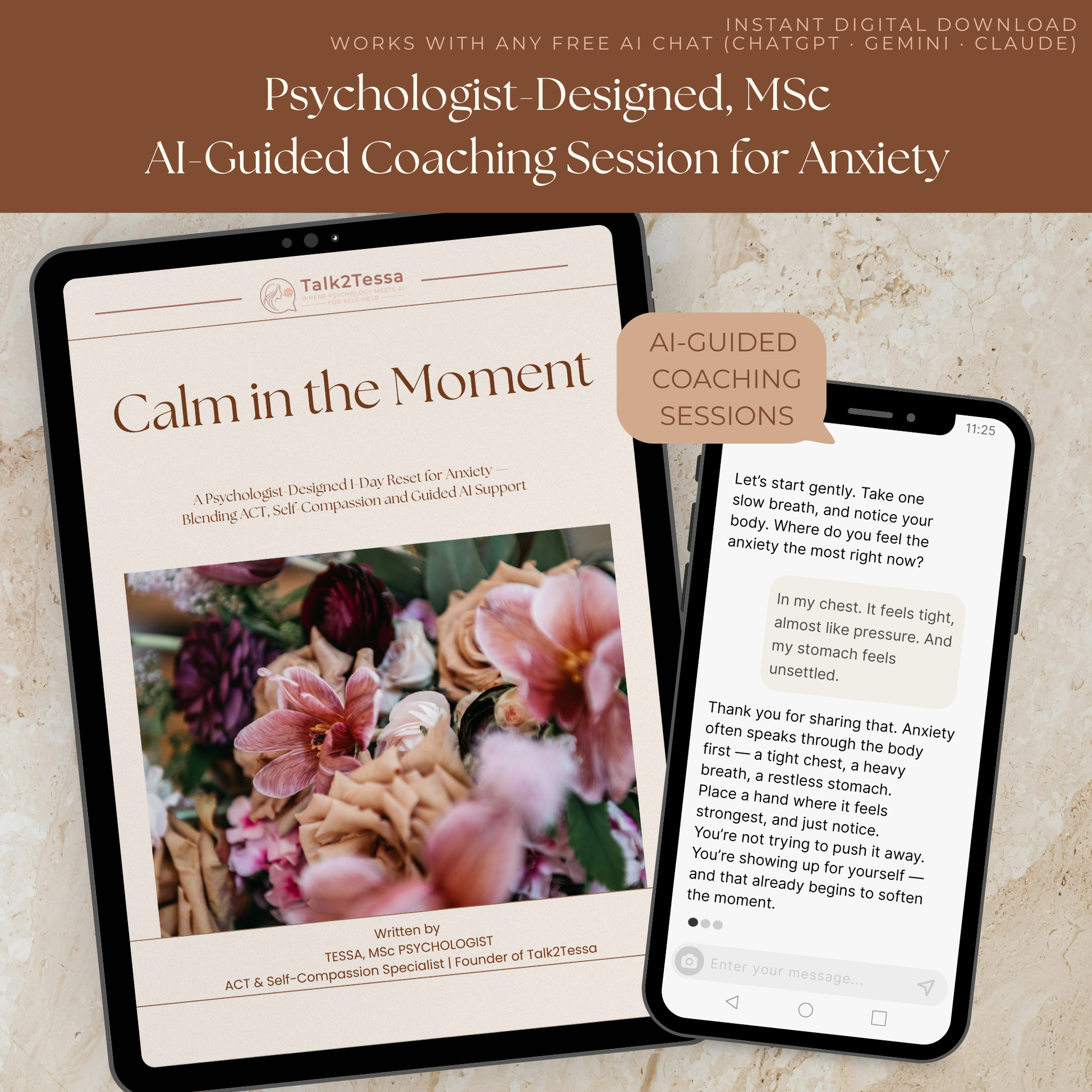 Mockup showing an example AI chat dialogue from the Calm in the Moment anxiety program, demonstrating how the guided ACT coaching session works.