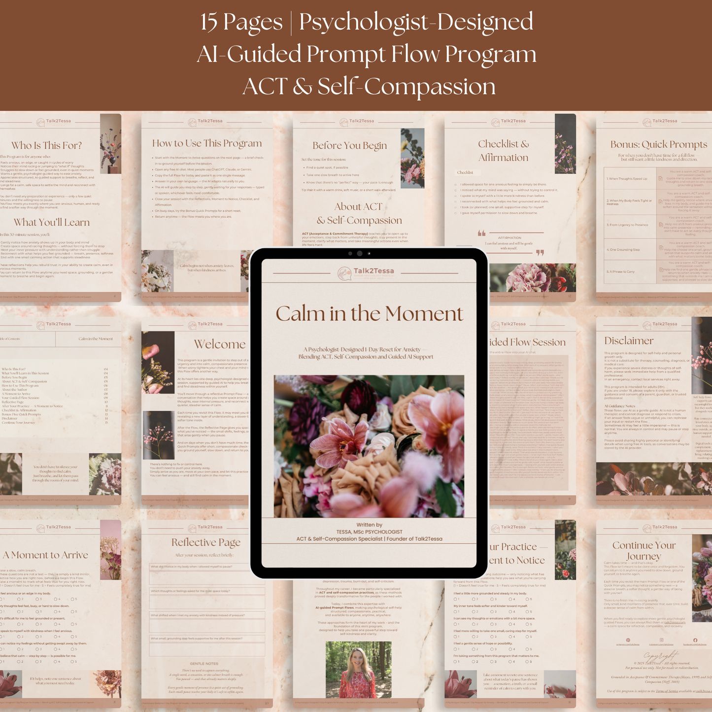 Mockup showing inside pages of the Calm in the Moment anxiety workbook, including ACT-based guidance, grounding questions, reflection prompts, and the AI coaching flow.