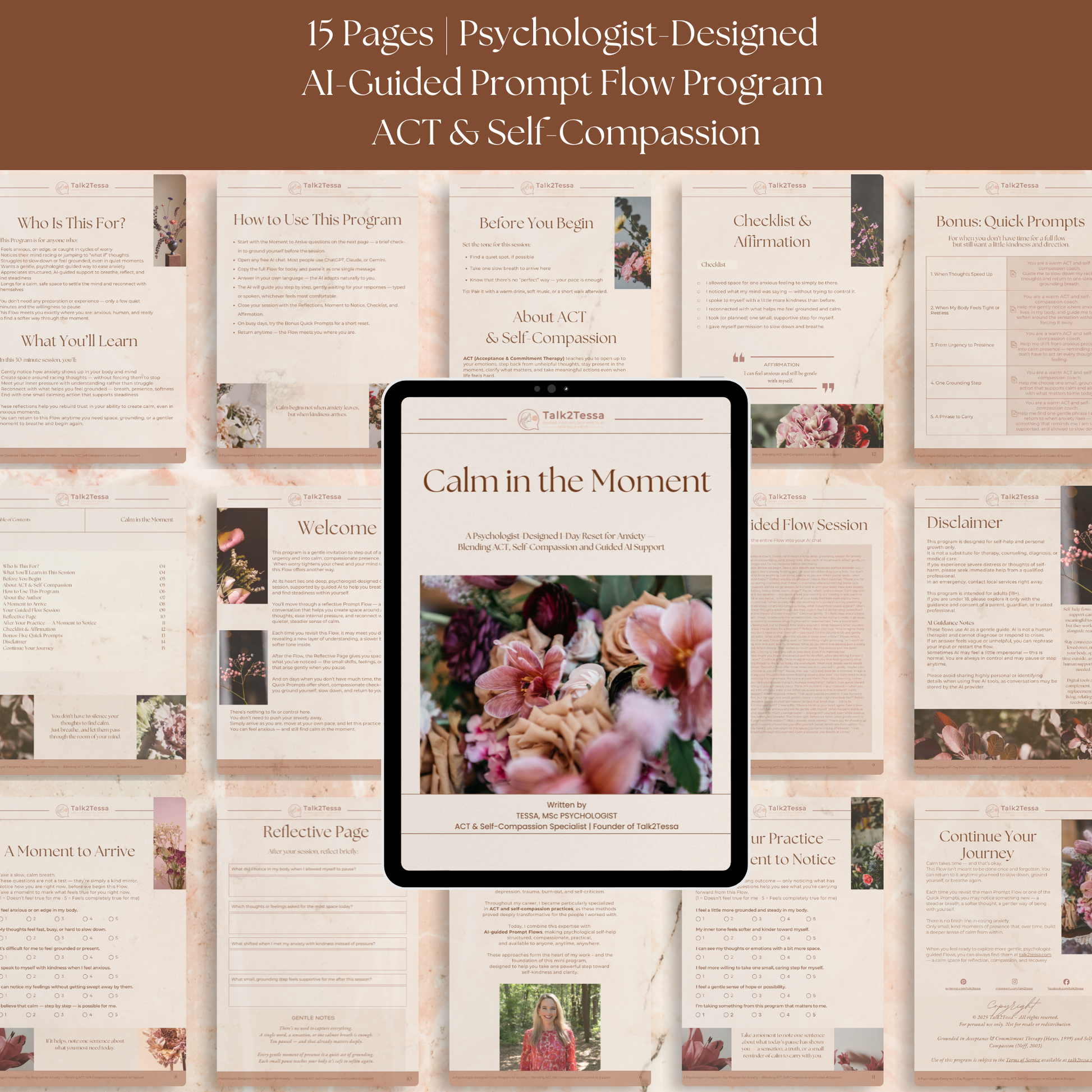 Mockup showing inside pages of the Calm in the Moment anxiety workbook, including ACT-based guidance, grounding questions, reflection prompts, and the AI coaching flow.