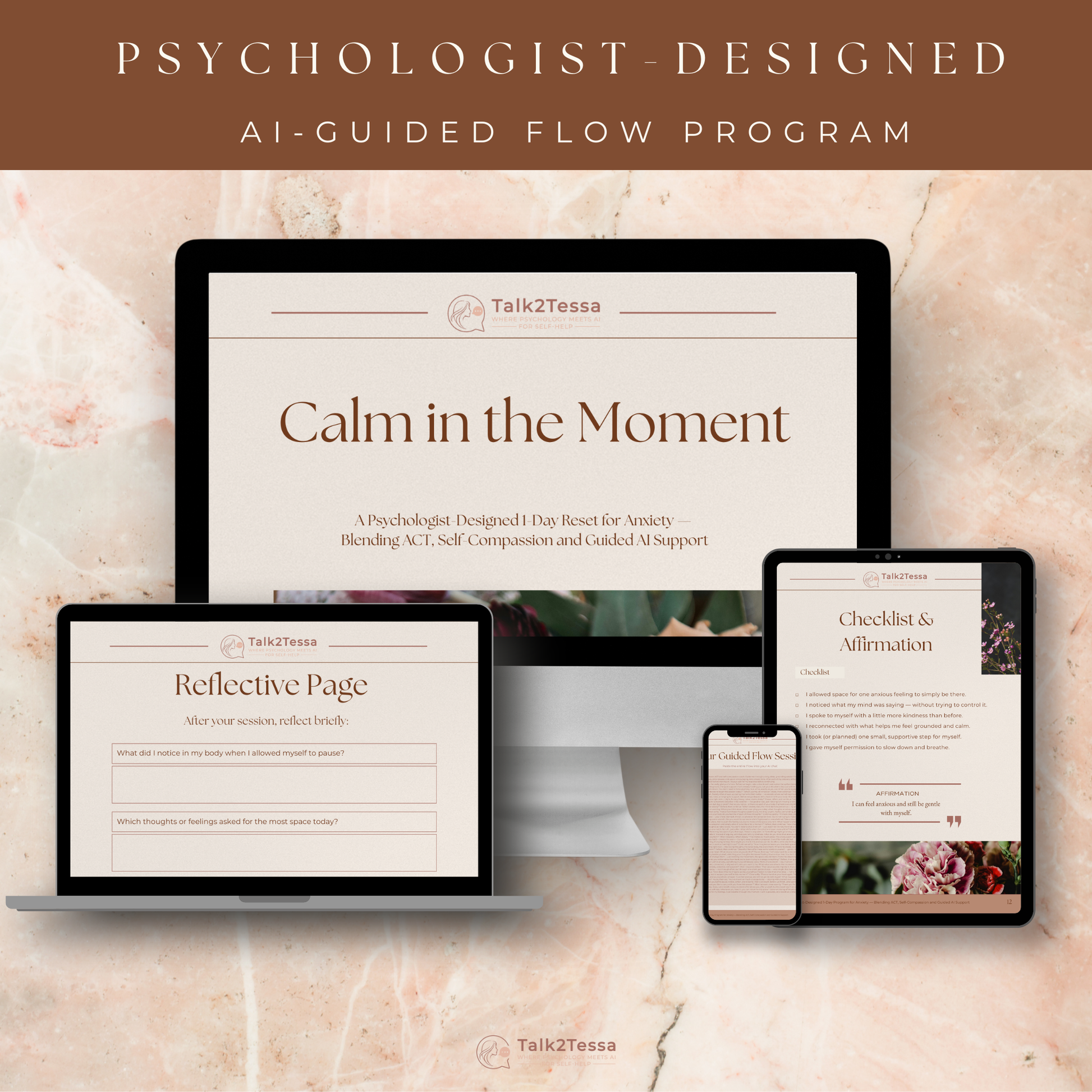 Mockup showing the Calm in the Moment anxiety program displayed on multiple devices, highlighting the digital PDF workbook and AI-guided ACT session.