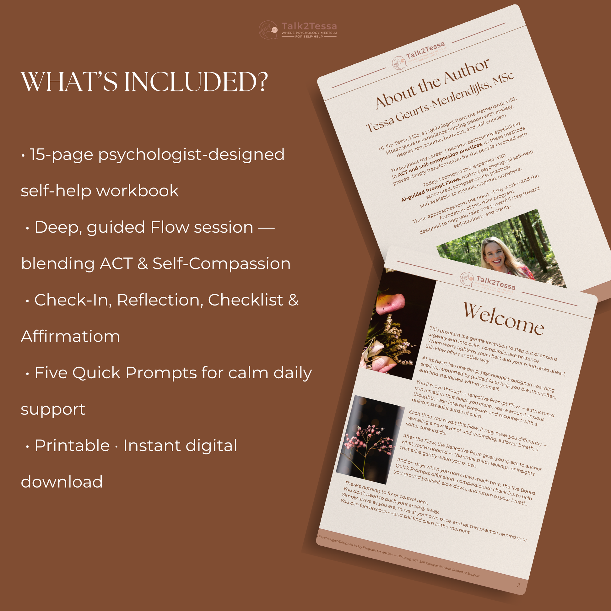 Mockup showing the “What’s Included” section of the Calm in the Moment anxiety workbook, listing the ACT-based session, AI Coaching Flow, reflection pages, checklist, affirmation, and quick prompts.