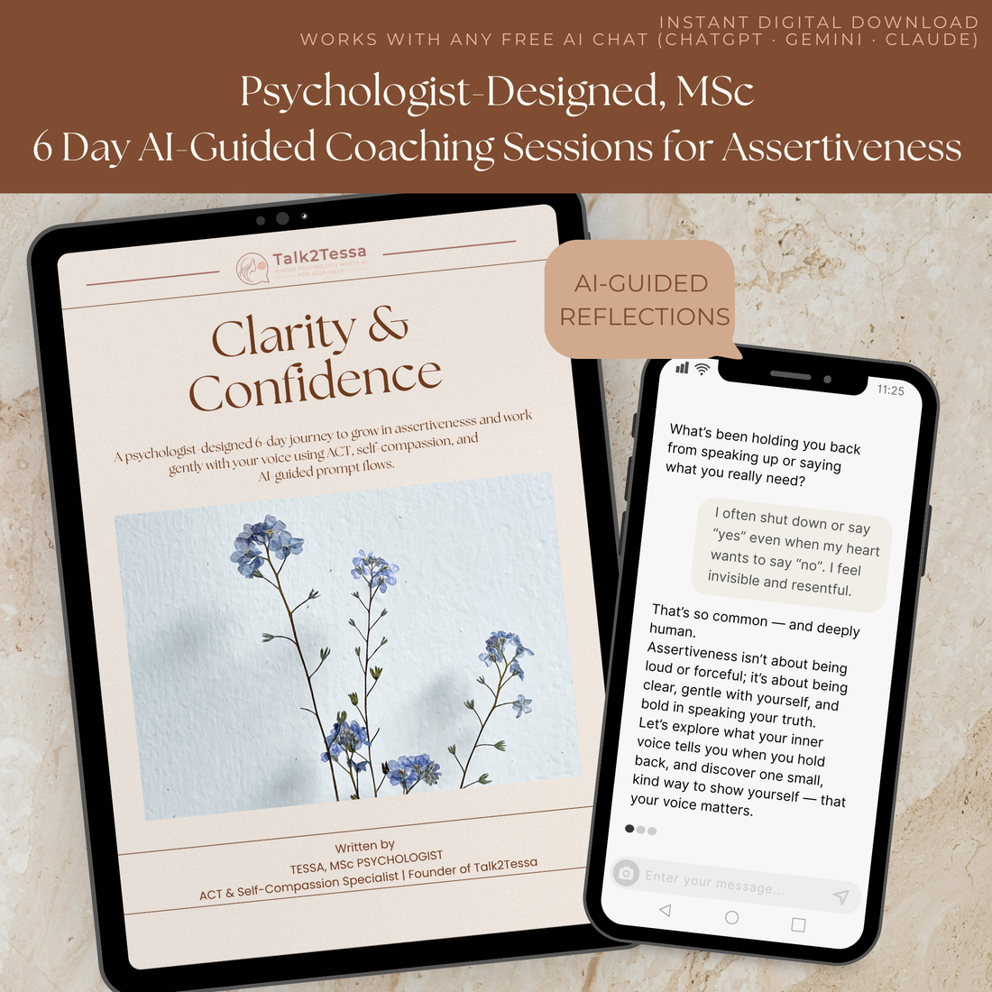Cover image for “Clarity & Confidence – A Psychologist-Guided 6-Day Program for Assertiveness Using Gentle Prompt Flows” by Talk2Tessa, blending ACT, self-compassion, and AI-guided journaling for confident communication.