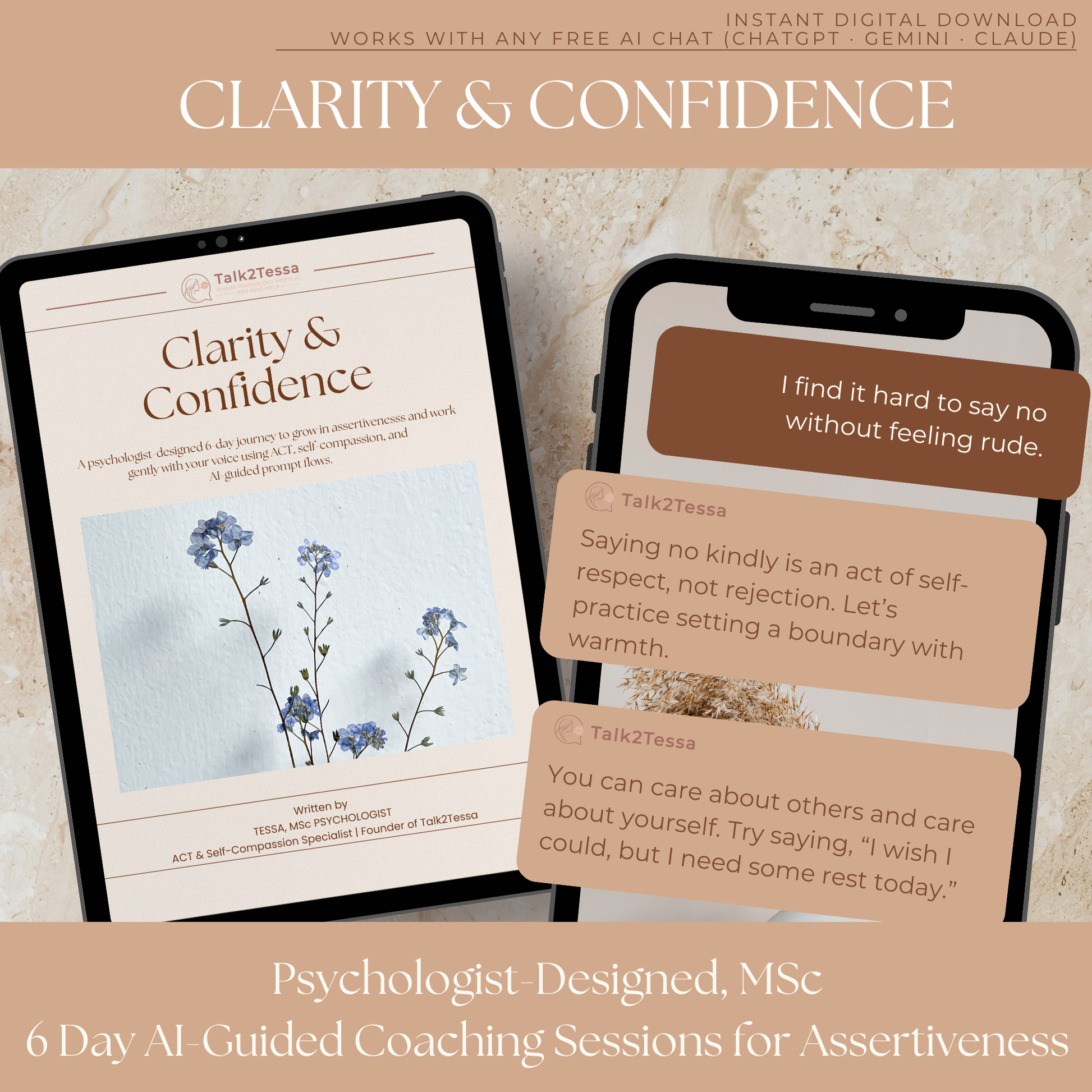 Chat bubble mock-up from Talk2Tessa’s Clarity & Confidence program showing a warm conversation between user and AI — illustrating psychologist-designed ACT and self-compassion guidance for assertiveness and calm communication.