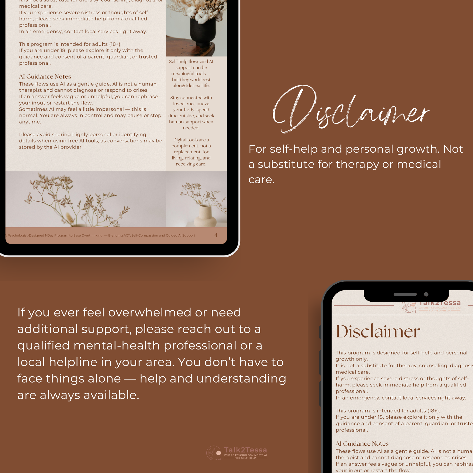 Disclaimer page mock-up from “Clear Mind – A 1-Day Flow for Overthinking” by Talk2Tessa. Psychologist-designed ACT and mindfulness self-help PDF including AI-guided prompt flows for overthinking help, calm mind, and mental clarity. Disclaimer text reminding users this digital program is for personal growth, not therapy or medical treatment. Created by Tessa, MSc Psychologist, founder of Talk2Tessa.