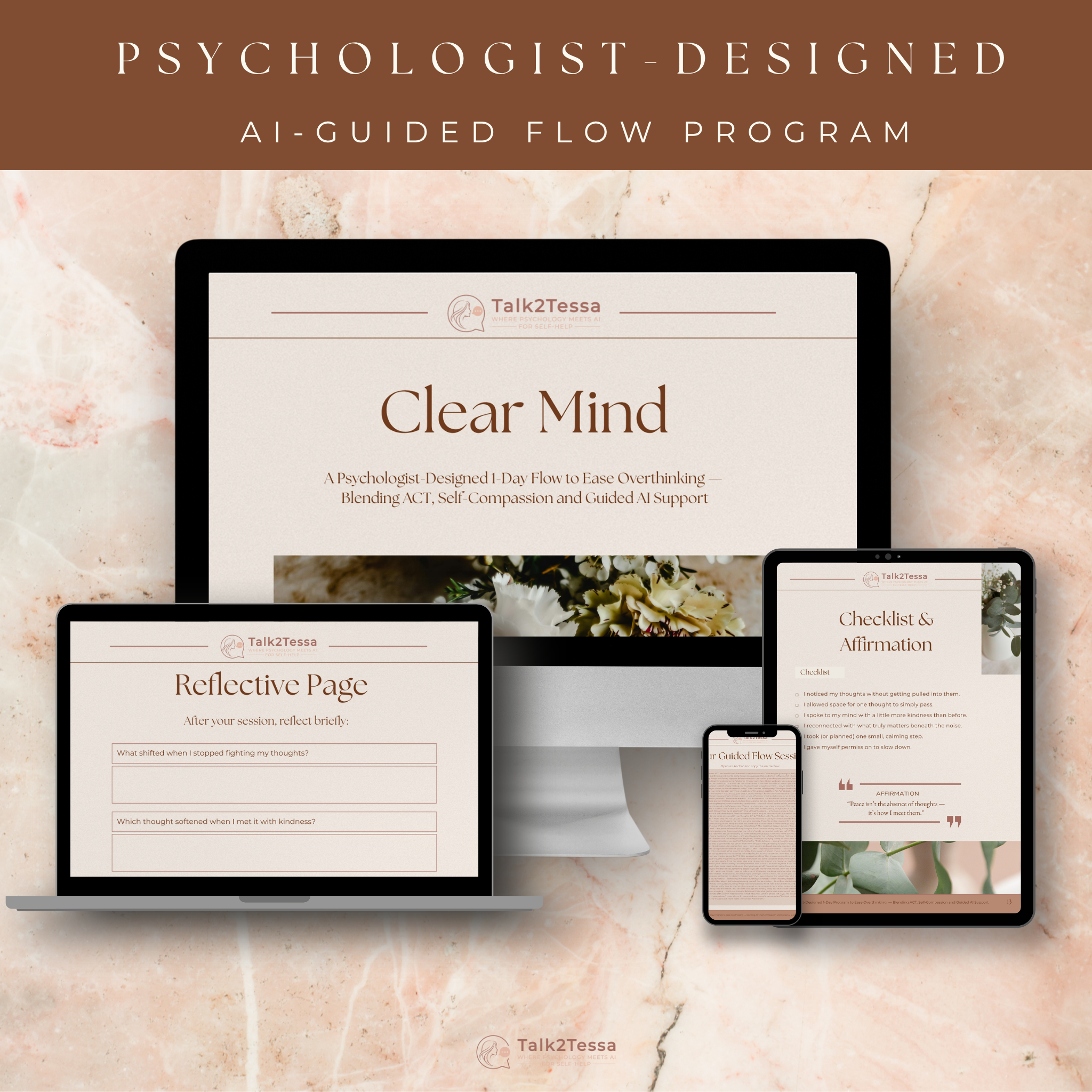 Digital mock-up of Clear Mind – A 1-Day Flow for Overthinking by Talk2Tessa. ACT and mindfulness-based AI coaching workbook for overthinking relief, calm mind, and mental clarity. Psychologist-guided PDF self-help tool to reduce anxiety, stop rumination, and promote inner peace.