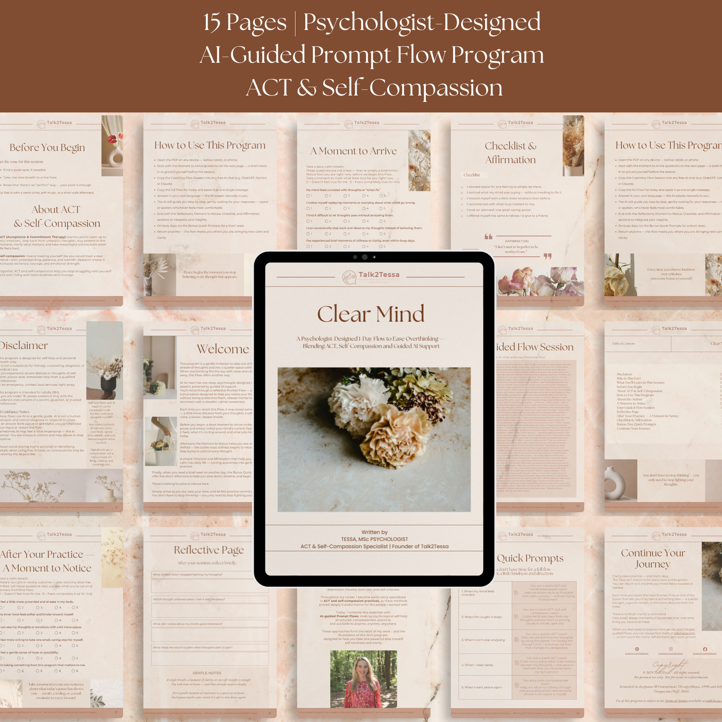 Interior pages of Clear Mind – A 1-Day Flow for Overthinking by Tessa, MSc Psychologist. ACT-based mindfulness self-help workbook with reflection pages, checklist, affirmation, and guided AI coaching script for overthinking relief, calm thinking, mental clarity, and self-compassion practice.