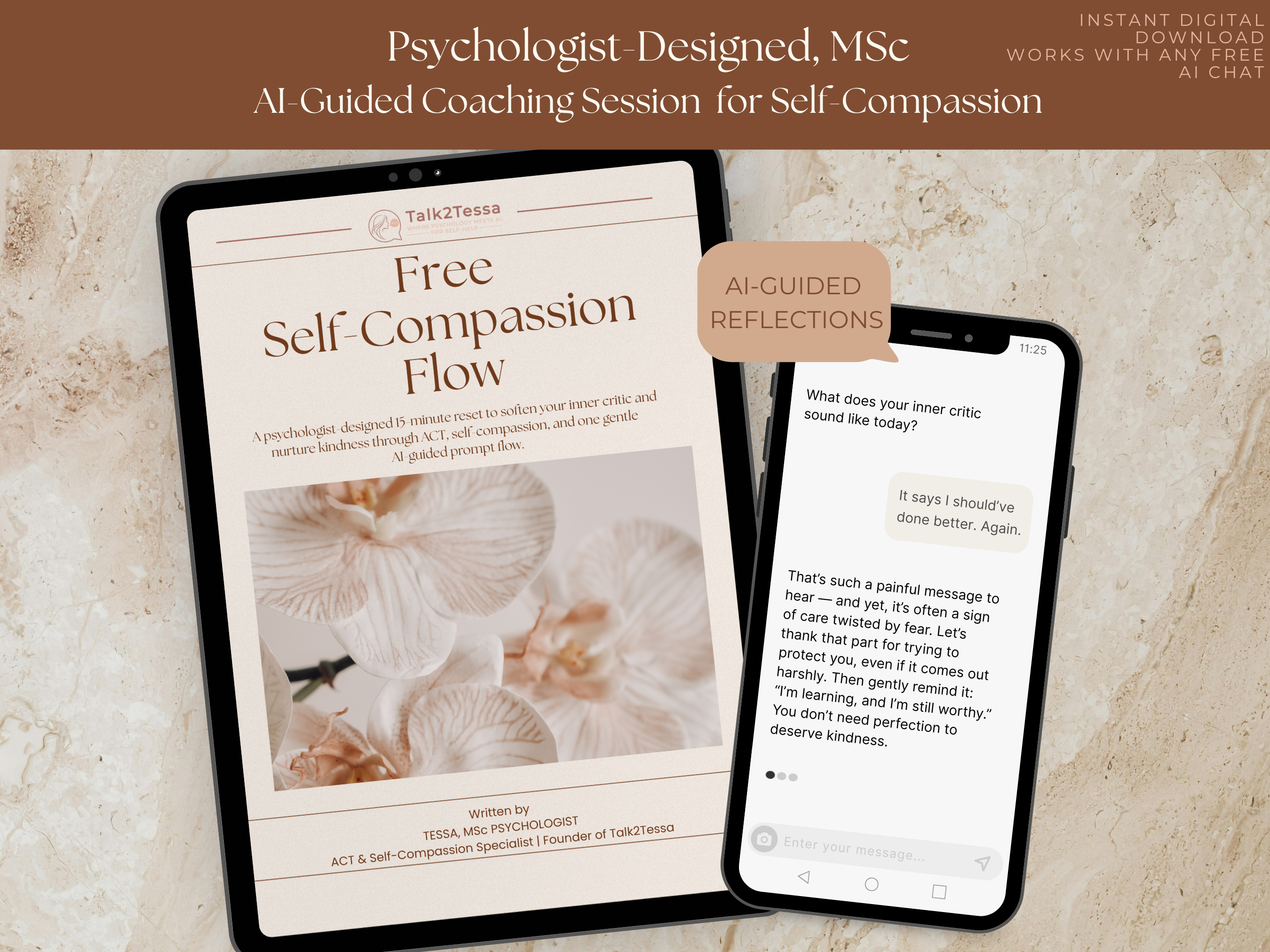 Free self-compassion flow dialogue mock-up from Talk2Tessa, featuring psychologist-designed AI prompt guidance based on ACT and self-compassion. Shows how users can explore emotional growth and reflection through gentle AI chat interaction.slider_item_3YnjwT