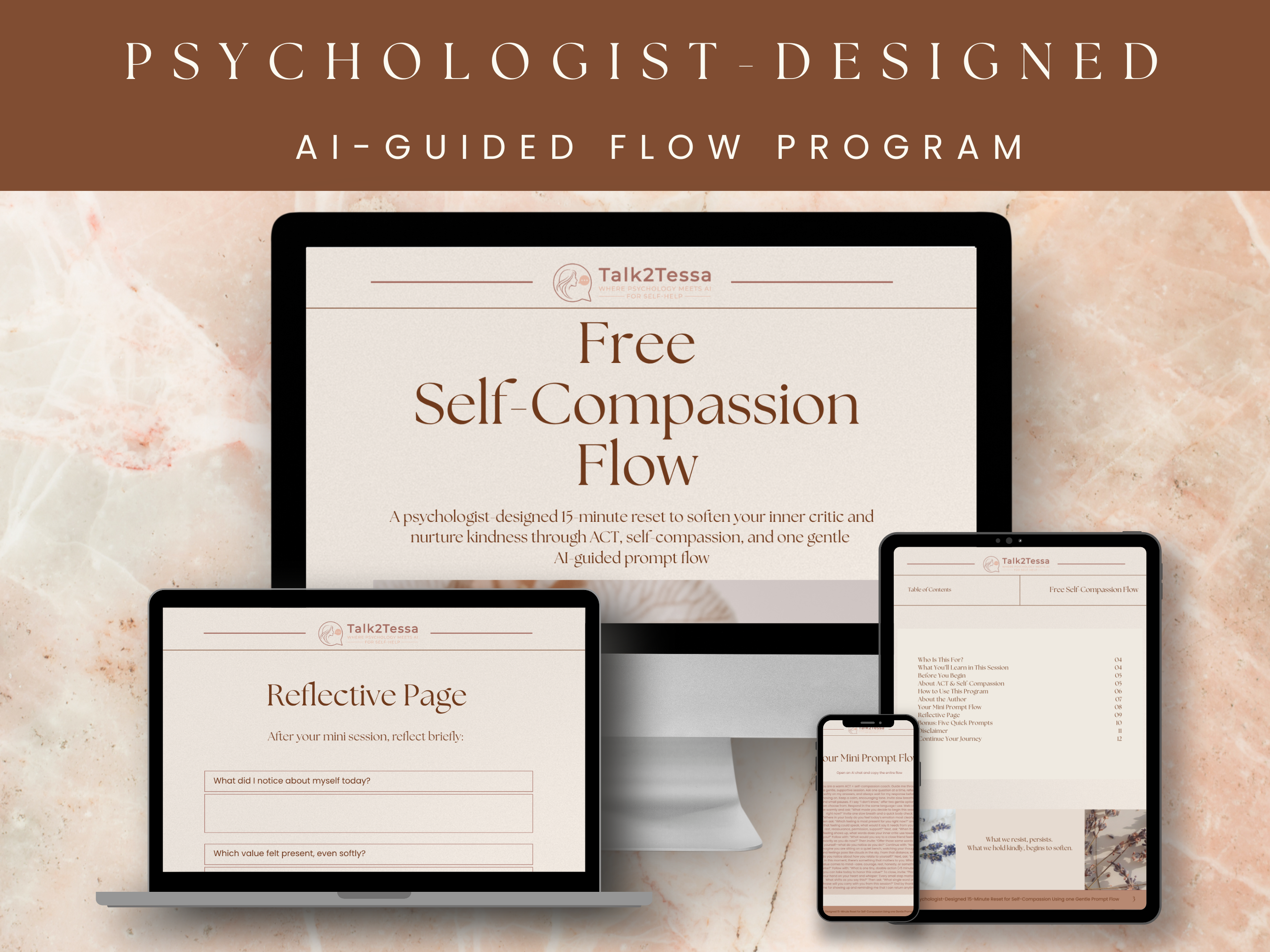 Inside the Free AI-Guided Flow by Talk2Tessa — a psychologist-designed self-help workbook blending Acceptance & Commitment Therapy (ACT), Self-Compassion, and gentle AI Prompt Flows with reflection pages, checklists, and affirmations for calm and clarity.slider_item_4kJPpD