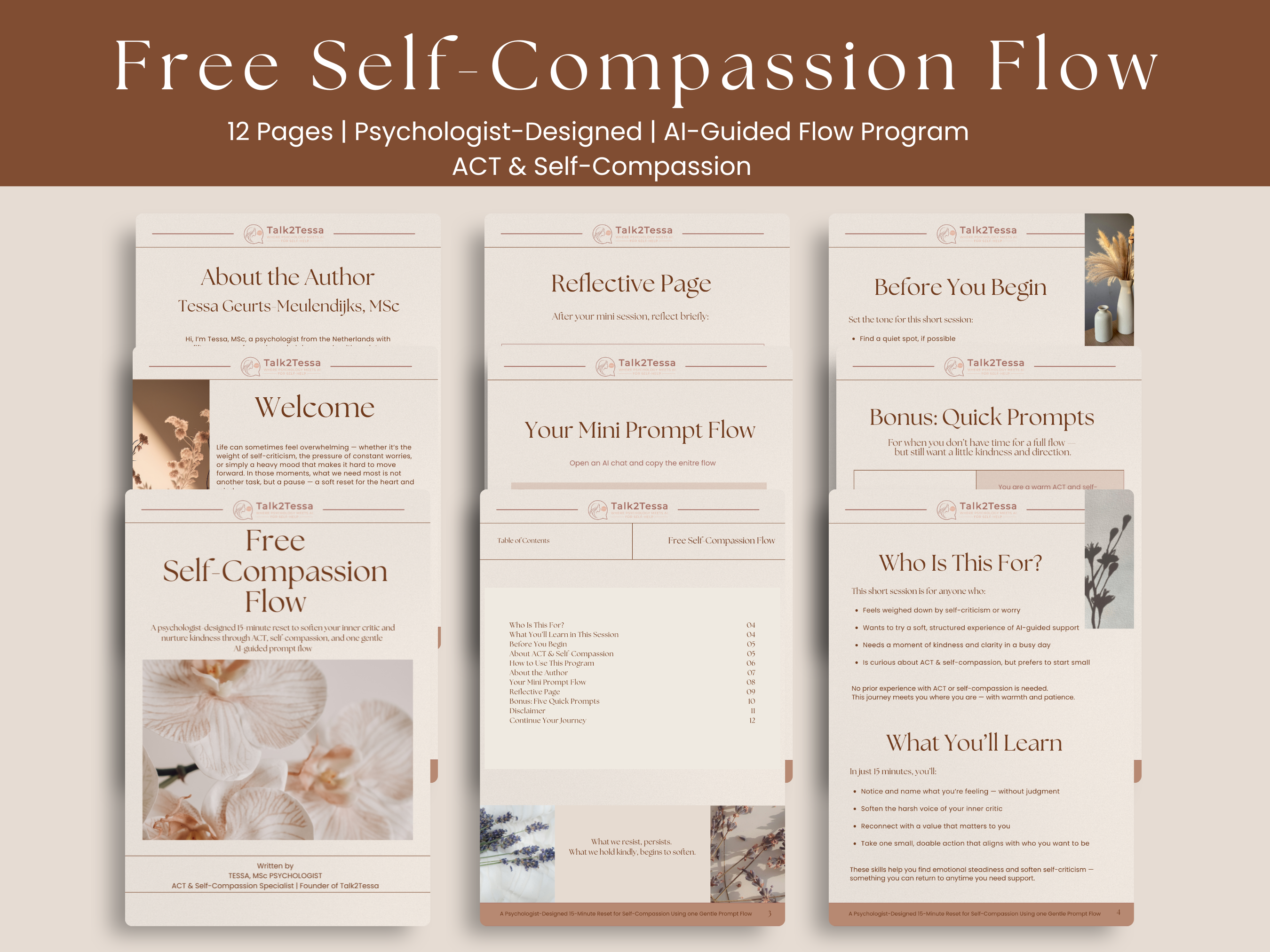 Inside the Free AI-Guided Flow by Talk2Tessa — a psychologist-designed self-help workbook blending Acceptance & Commitment Therapy (ACT), Self-Compassion, and gentle AI Prompt Flows with reflection pages, checklists, and affirmations for calm and clarity.slider_item_PrAMah
