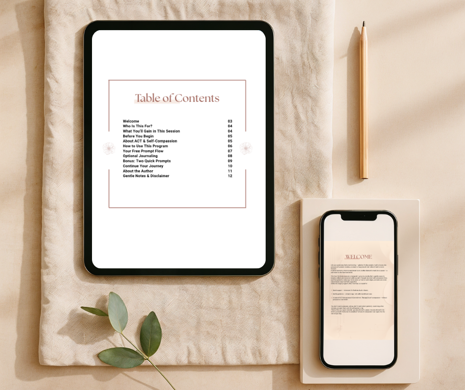 What's Inside overview for the free self-compassion flow' by Talk2Tessa. Includes AI-guided prompt flow, checklists, affirmations, and reflective page designed by a psychologist, blending ACT and self-compassion in a PDF workbook style.