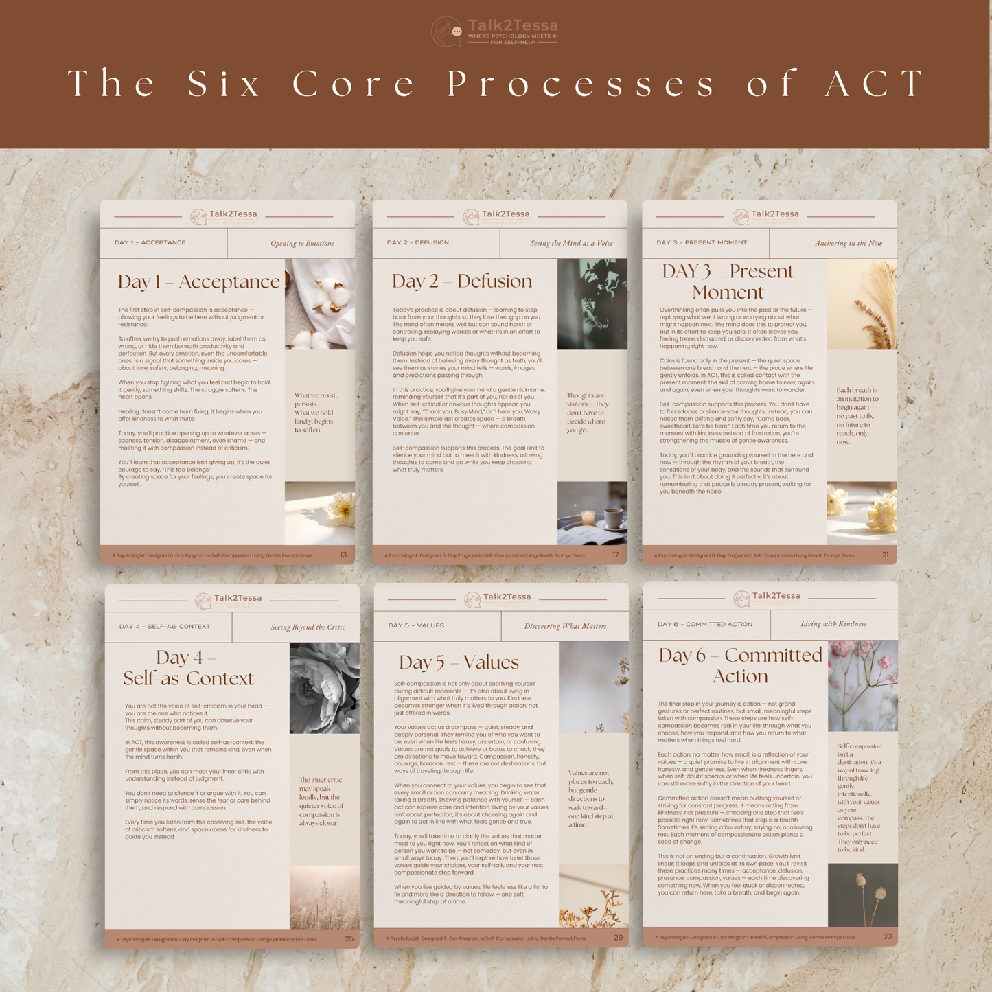 Visual representation of the six core processes of Acceptance and Commitment Therapy featured in Kind to Myself, combining psychological flexibility, mindfulness, and self-kindness in Talk2Tessa’s signature minimalist style.