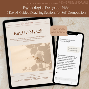 Chat mock-up illustrating how users can copy the self-compassion prompts into an AI chat for guided reflection and gentle support, inspired by psychologist-designed ACT coaching style from Talk2Tessa.