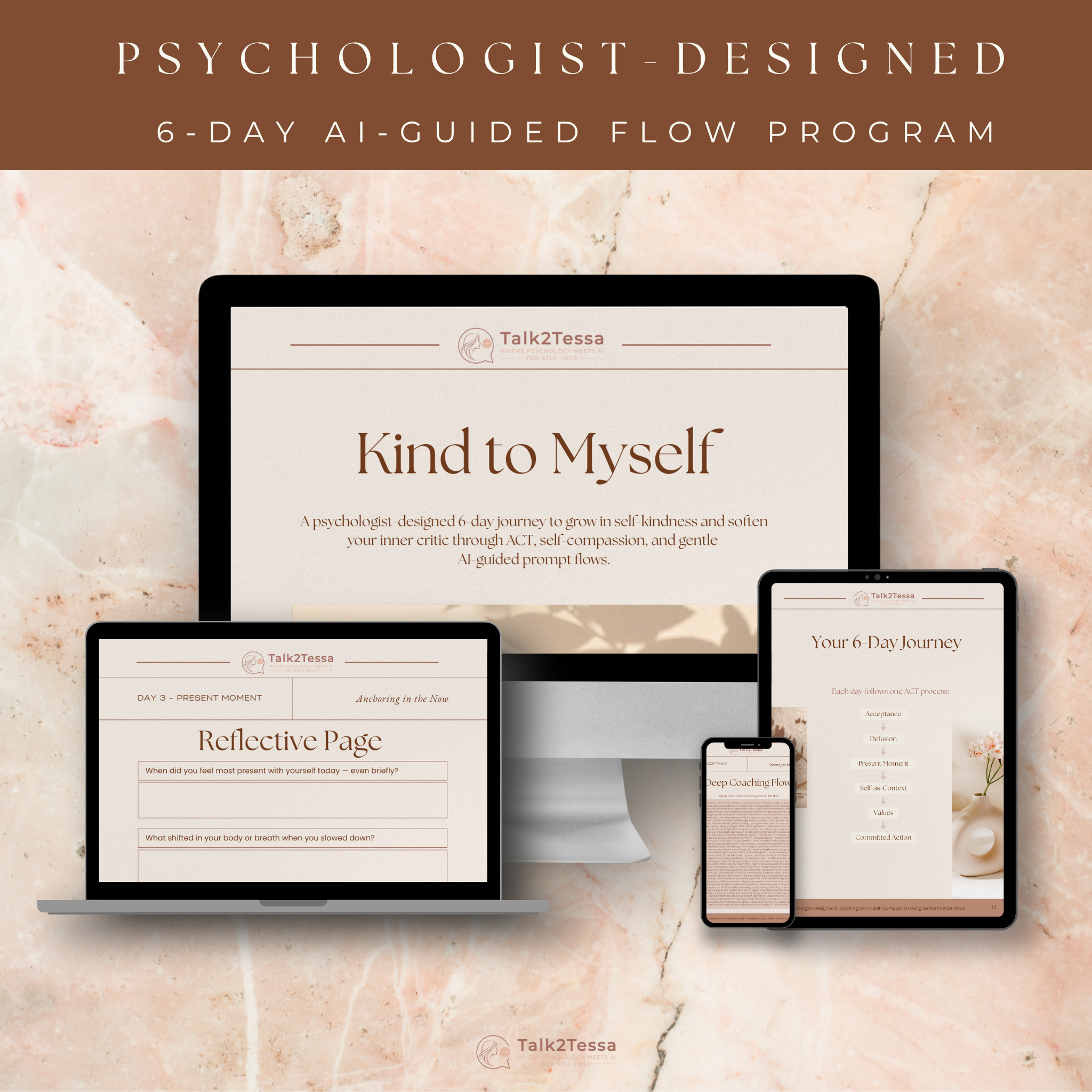 Inside page of the Kind to Myself self-compassion program, featuring structured daily AI prompt flows, reflections, and affirmations based on Acceptance and Commitment Therapy and self-compassion principles.