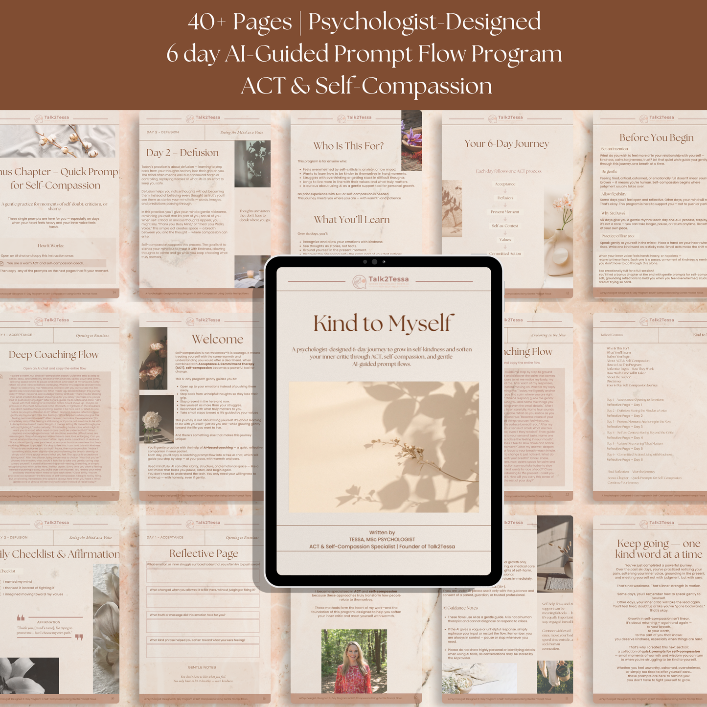 Inside page of the Kind to Myself self-compassion program, featuring structured daily guided prompts, reflections, and affirmations based on Acceptance and Commitment Therapy and self-compassion principles.