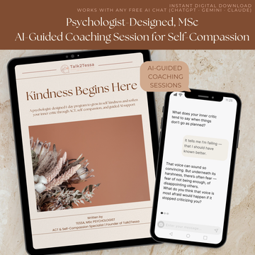 AI-guided self-compassion chat example from “Kindness Begins Here – 1-Day Flow” by Talk2Tessa. Shows psychologist-designed ACT coaching dialogue for softening the inner critic and practicing self-kindness through guided AI prompts. Includes AI coach messages and reflective user responses in minimalist chat-bubble layout. Calm Japandi aesthetic in blush and rust colors, promoting mindful AI self-help and emotional well-being.