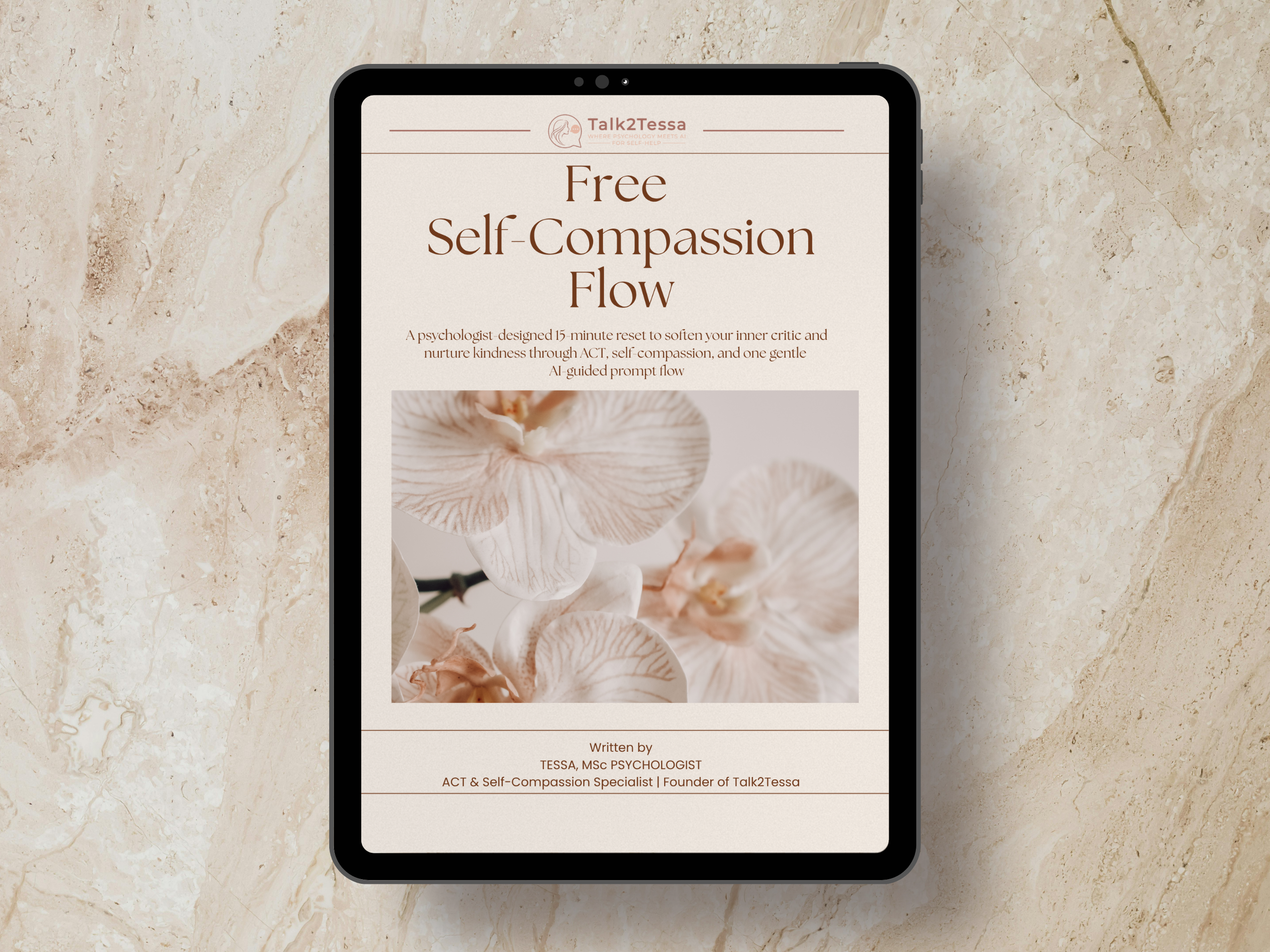 Cover image of the Free AI Self-Help Flow by Talk2Tessa — a psychologist-designed ACT and self-compassion workbook blending psychology and AI in a gentle, minimalist design.slider_item_tkgwdn