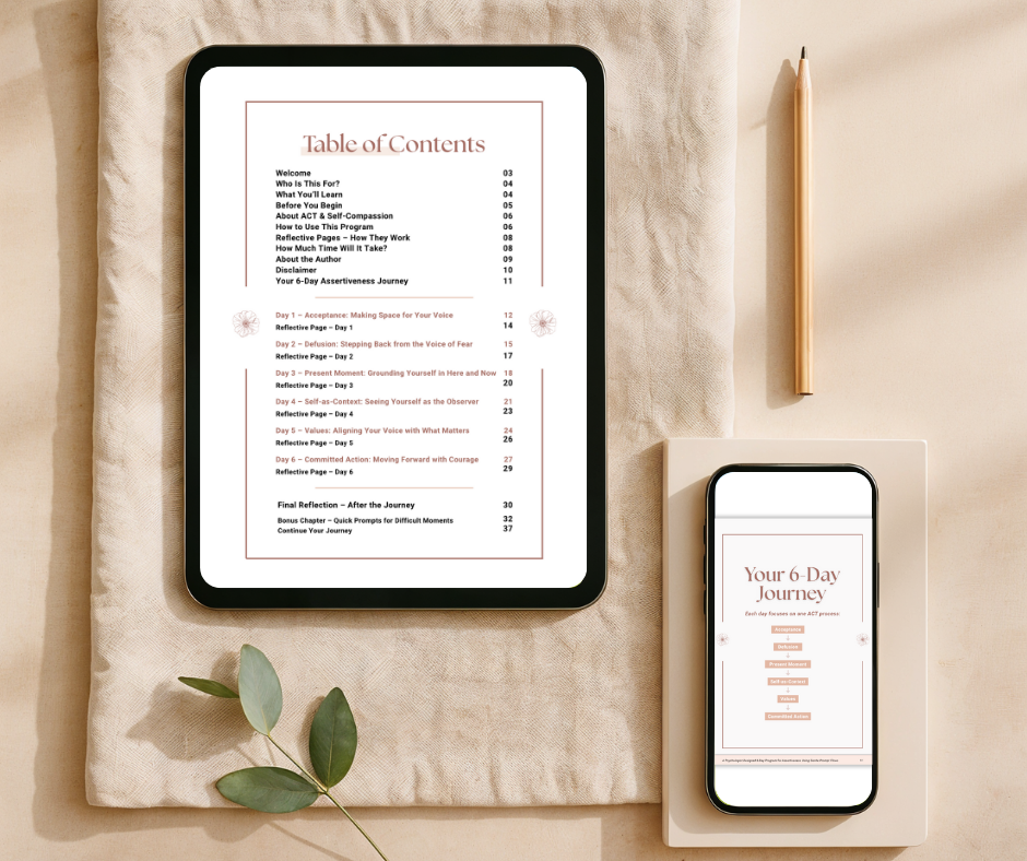 What's Inside overview for the 6-day program 'Clarity Confidence – Assertiveness' by Talk2Tessa. Includes daily AI-guided prompt flows, checklists, affirmations, and reflective pages designed by a psychologist, blending ACT and self-compassion in a pdf workbook.