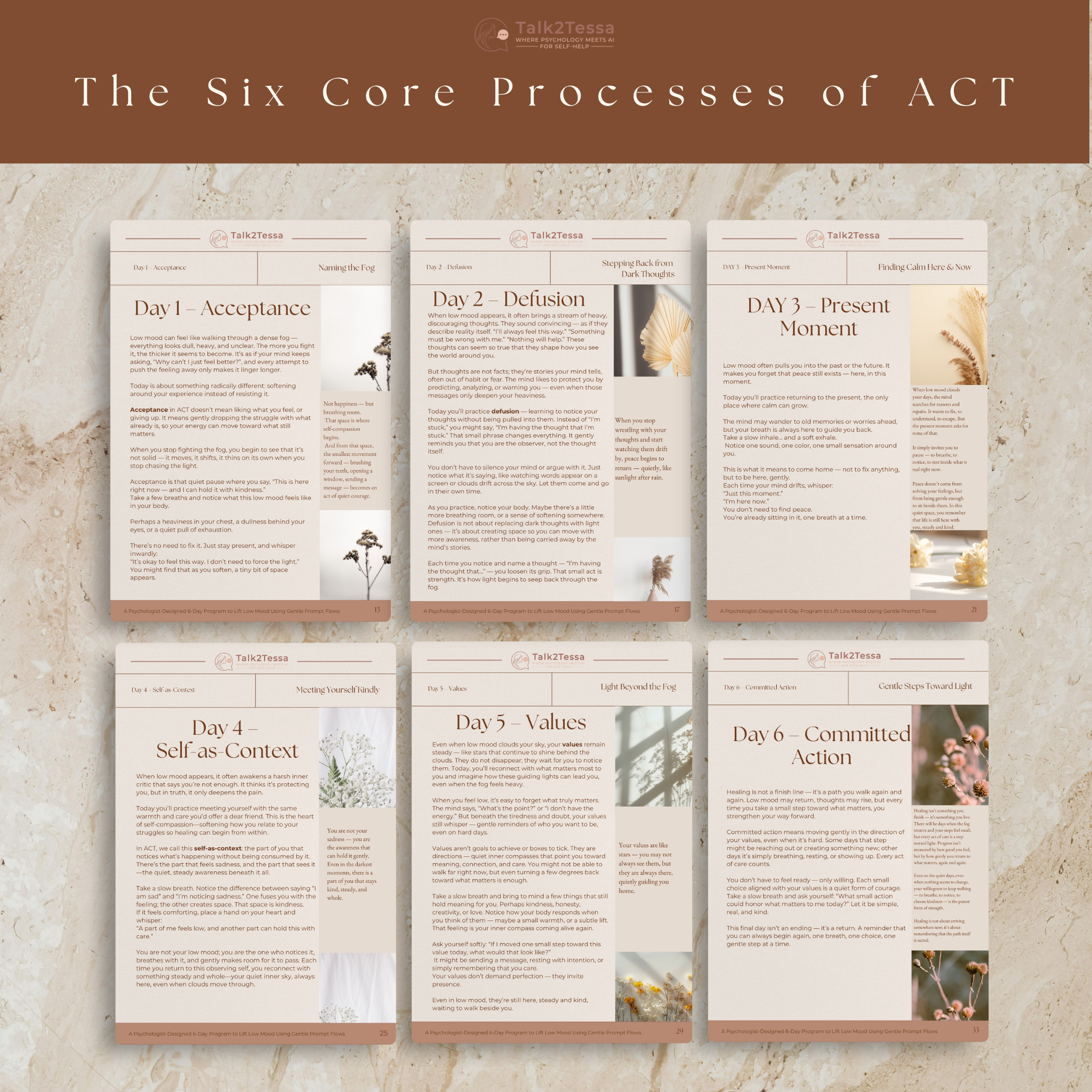Educational mockup illustrating The Six Core ACT Processes — acceptance, defusion, present-moment awareness, self-as-context, values, and committed action — psychologist-designed visual from Talk2Tessa, beige Japandi background, minimalist layout.