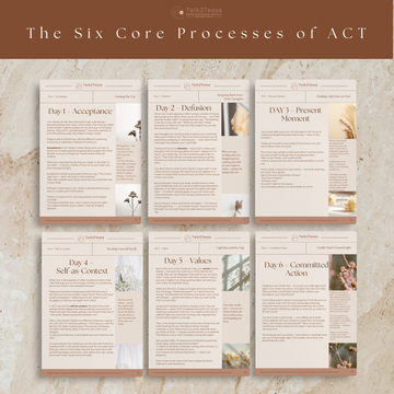 Educational mockup illustrating The Six Core ACT Processes — acceptance, defusion, present-moment awareness, self-as-context, values, and committed action — psychologist-designed visual from Talk2Tessa, beige Japandi background, minimalist layout.