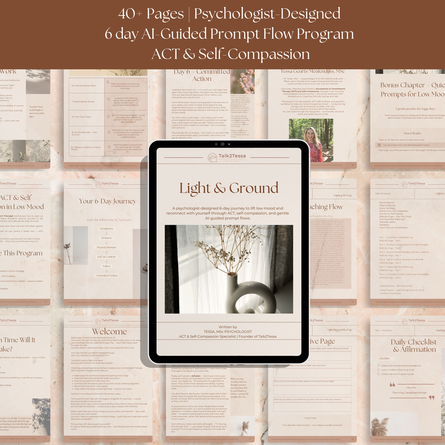 Flat-lay image of printable Light & Ground workbook pages with ACT and self-compassion exercises for low mood recovery. Minimal beige background, psychologist-designed workbook aesthetic.