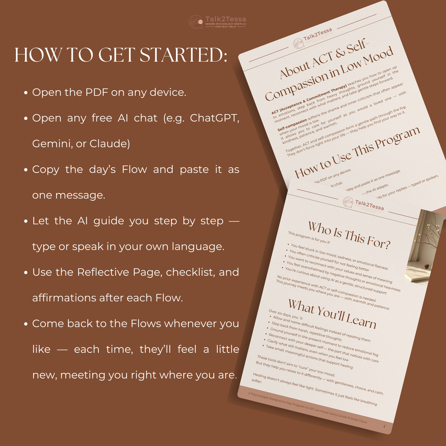 Mockup showing How to Get Started section of Light & Ground – Low Mood Workbook, with step-by-step guidance for mindful self-help practice. Warm neutral tones, minimalist design.