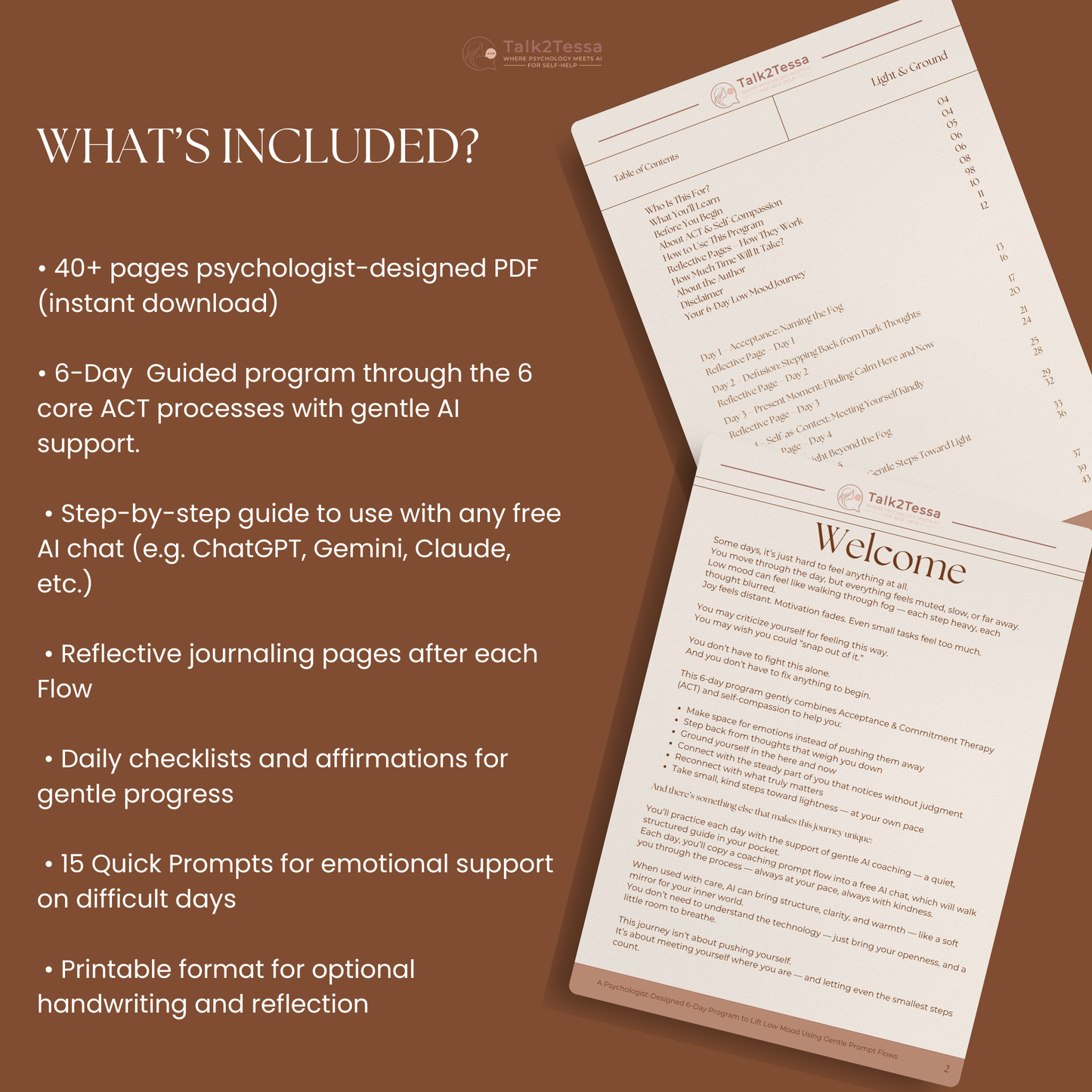 Mockup of What’s Included page from Light & Ground, listing six ACT & self-compassion sessions, daily reflections, affirmations, and printable PDF features. Beige minimal layout by Talk2Tessa.