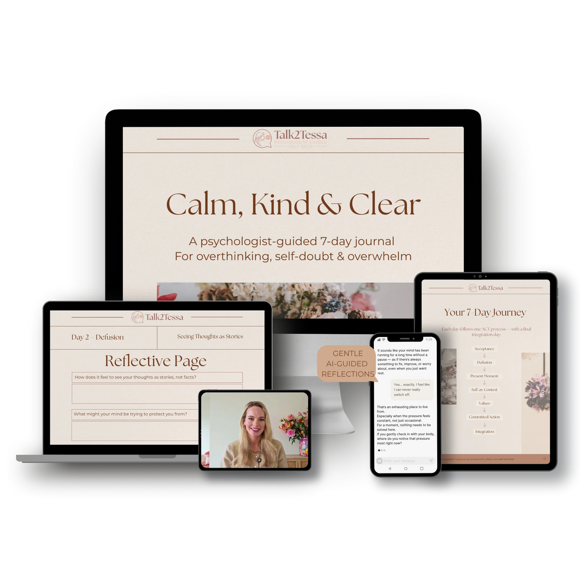 Calm, Kind and Clear shown across devices