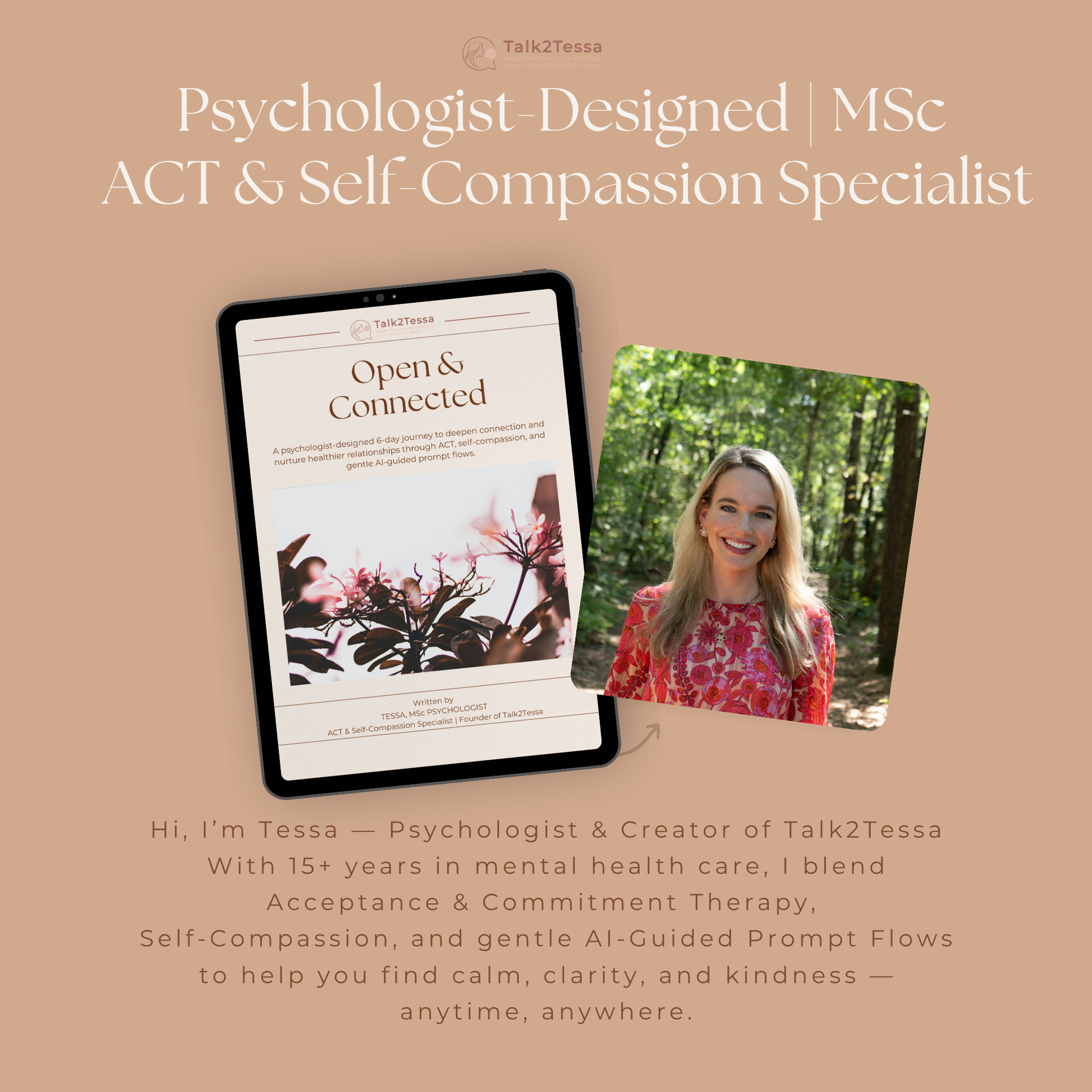 Author section featuring Tessa, MSc Psychologist and ACT specialist, creator of Talk2Tessa—where psychology, self-compassion, and AI self-help meet.
