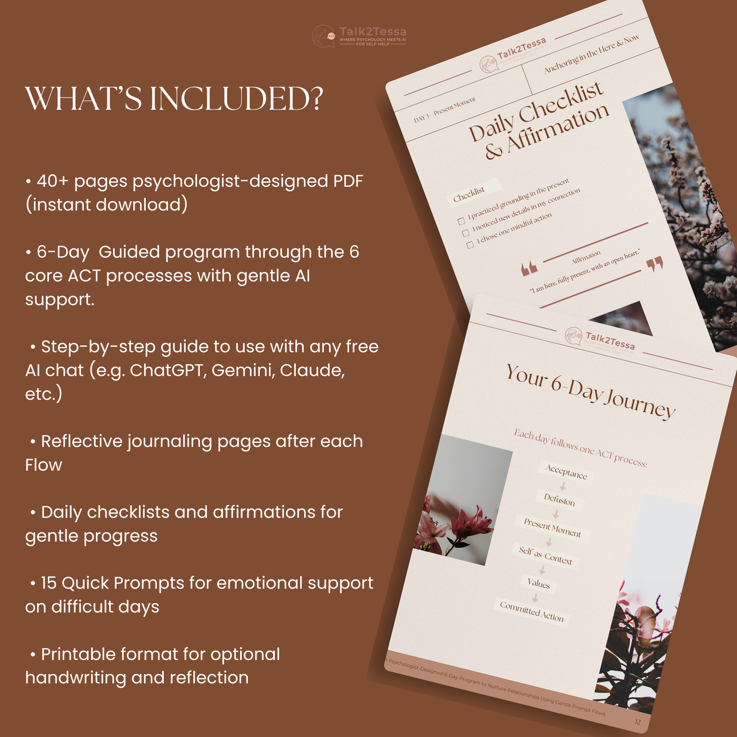 “What’s Included” mock-up for the digital workbook “Open & Connected – A Psychologist-Designed 6-Day Program for Relationships Using Gentle guided prompts,” showing six daily ACT-based sessions, reflective pages, affirmations, and AI-guided self-help prompts for deeper connection and communication.