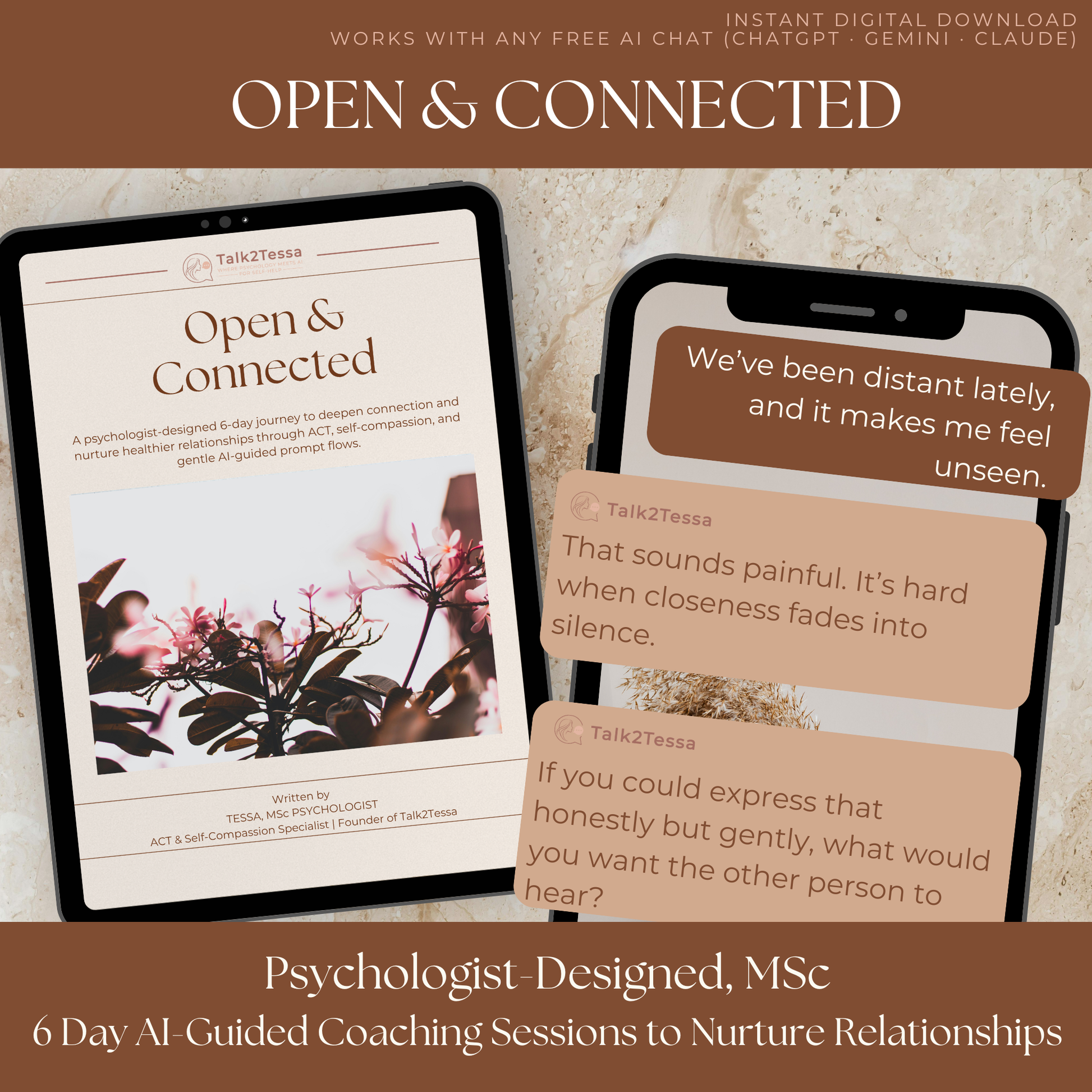 Example dialogue from “Open & Connected” showing AI chat bulbs with warm, self-compassionate guidance for relationship growth and communication.