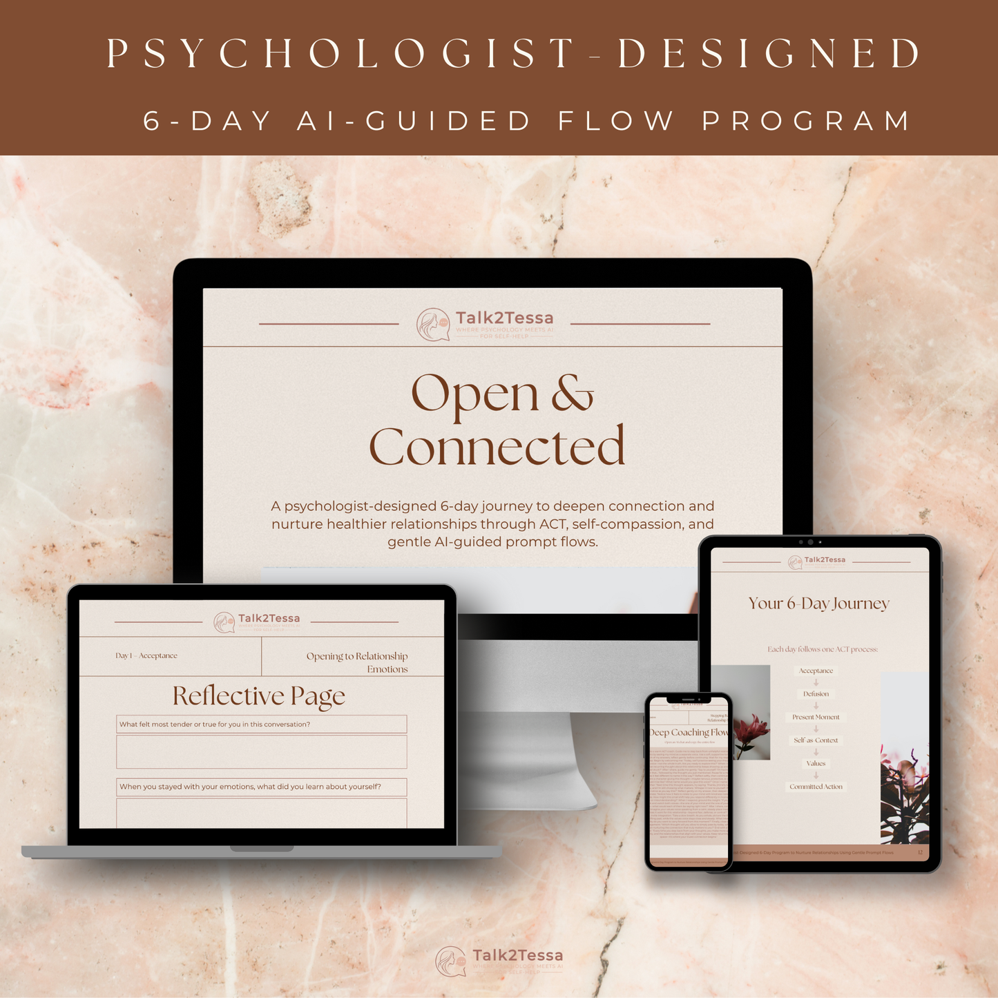 “Open & Connected” displayed on a tablet, part of Talk2Tessa’s AI self-help series blending ACT and self-compassion for relationship wellbeing.