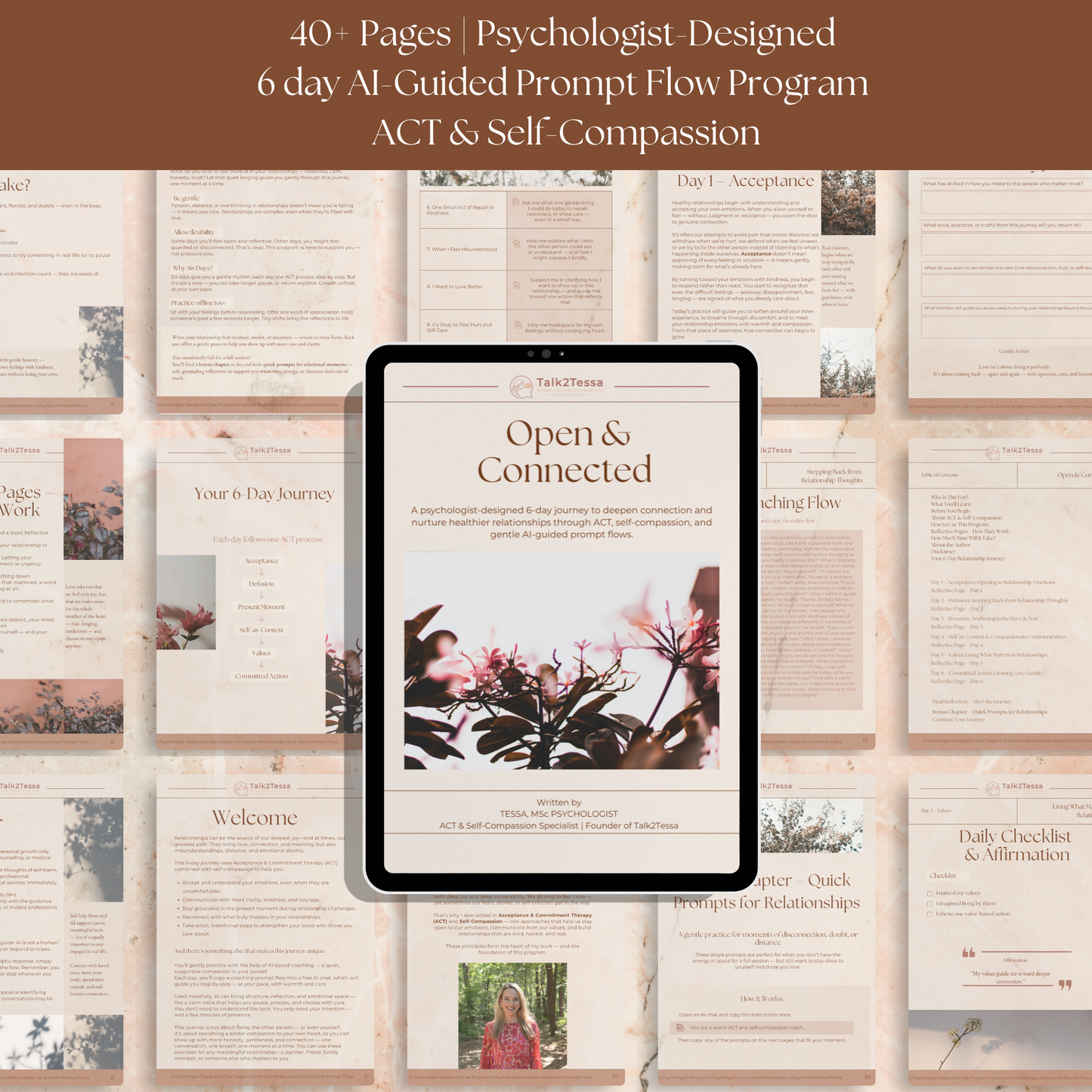 Cover image and preview pages from Open & Connected – A Psychologist-Guided 6-Day Program for Relationships, showing the warm, minimalist design and sample sections that explore ACT, self-compassion, and gentle psychologist-guided prompts for building emotional connection and trust.