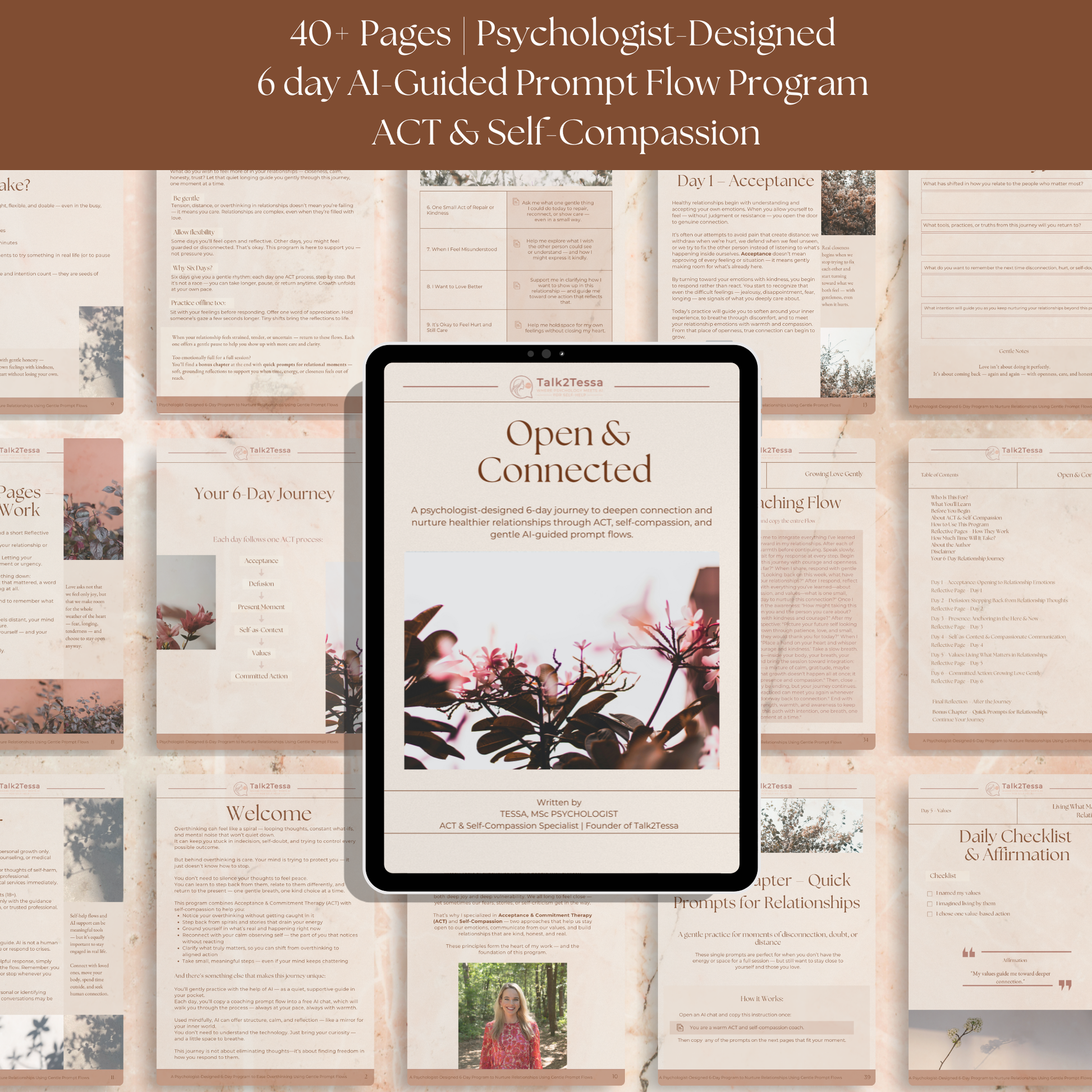 Cover image and preview pages from Open & Connected – A Psychologist-Guided 6-Day Program for Relationships, showing the warm, minimalist design and sample sections that explore ACT, self-compassion, and gentle AI-guided prompt flows for building emotional connection and trust.