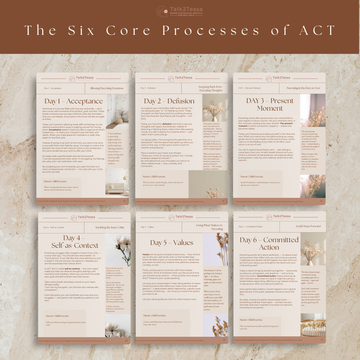 Six Core ACT Processes overview from The Present Parent workbook — psychologist-designed visual explaining the six Acceptance and Commitment Therapy principles for mindful parenting and self-compassion.