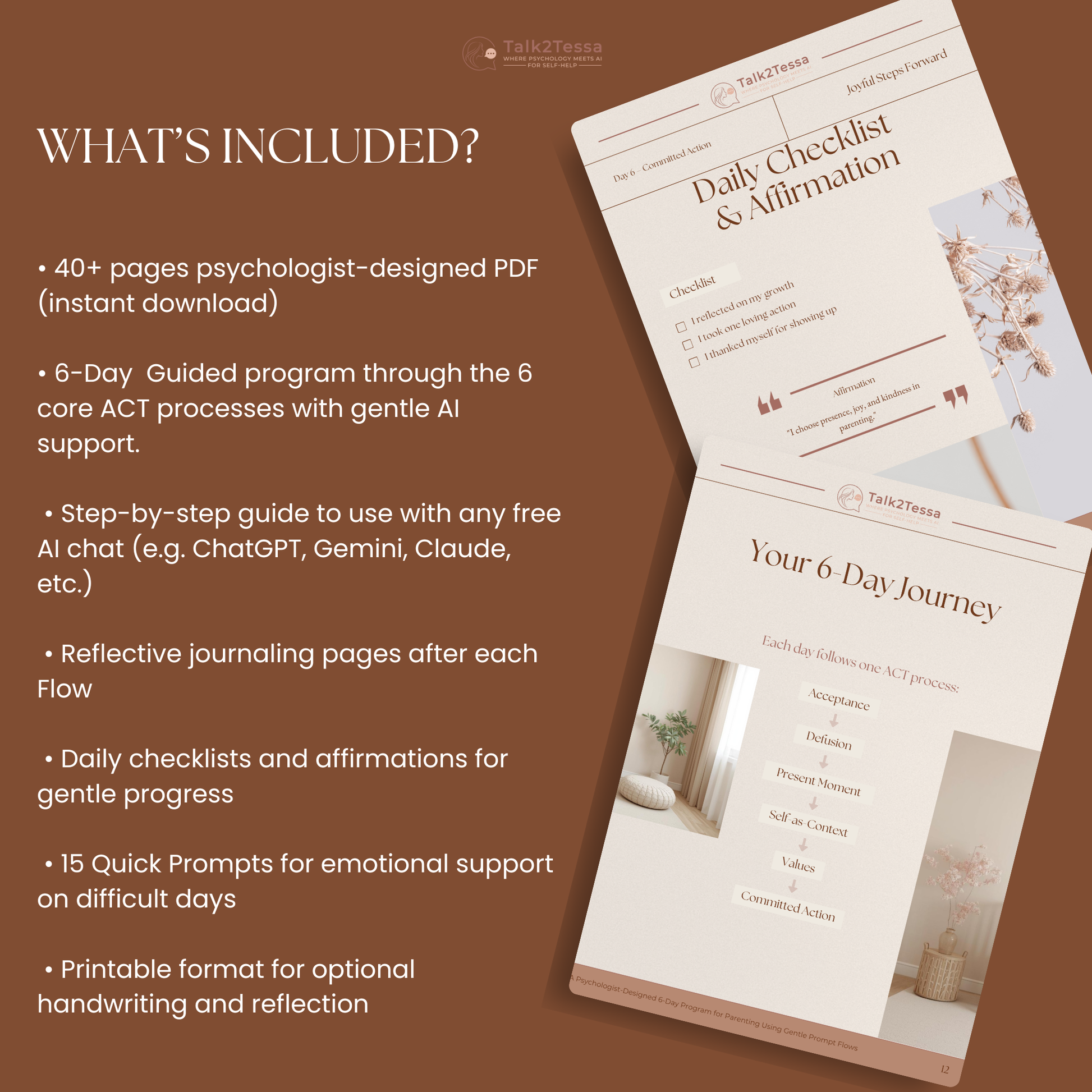 “What’s Inside” graphic showing 6-day ACT flow structure, reflective pages, affirmations, and bonus parenting prompts — part of The Present Parent by Talk2Tessa.