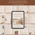 Inside pages of The Present Parent 6-day workbook showing ACT-based daily reflections, affirmations, and gentle AI prompt flows for mindful parenting.