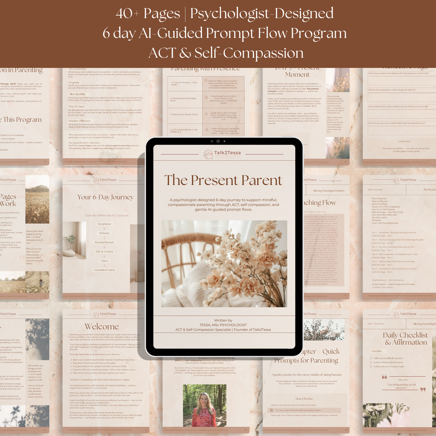 Inside pages of The Present Parent 6-day workbook showing ACT-based daily reflections, affirmations, and gentle guided prompts for mindful parenting.
