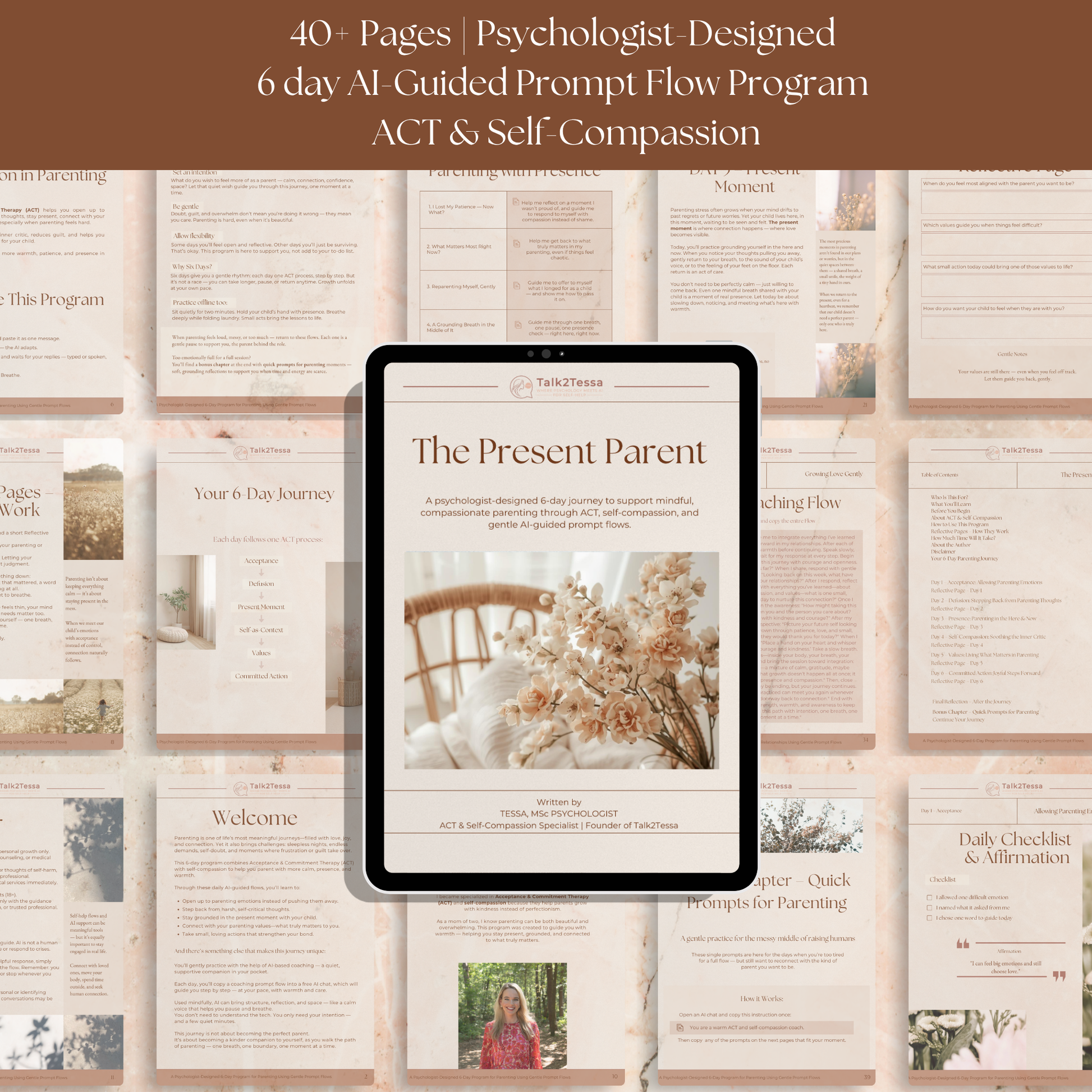 Inside pages of The Present Parent 6-day workbook showing ACT-based daily reflections, affirmations, and gentle AI prompt flows for mindful parenting.