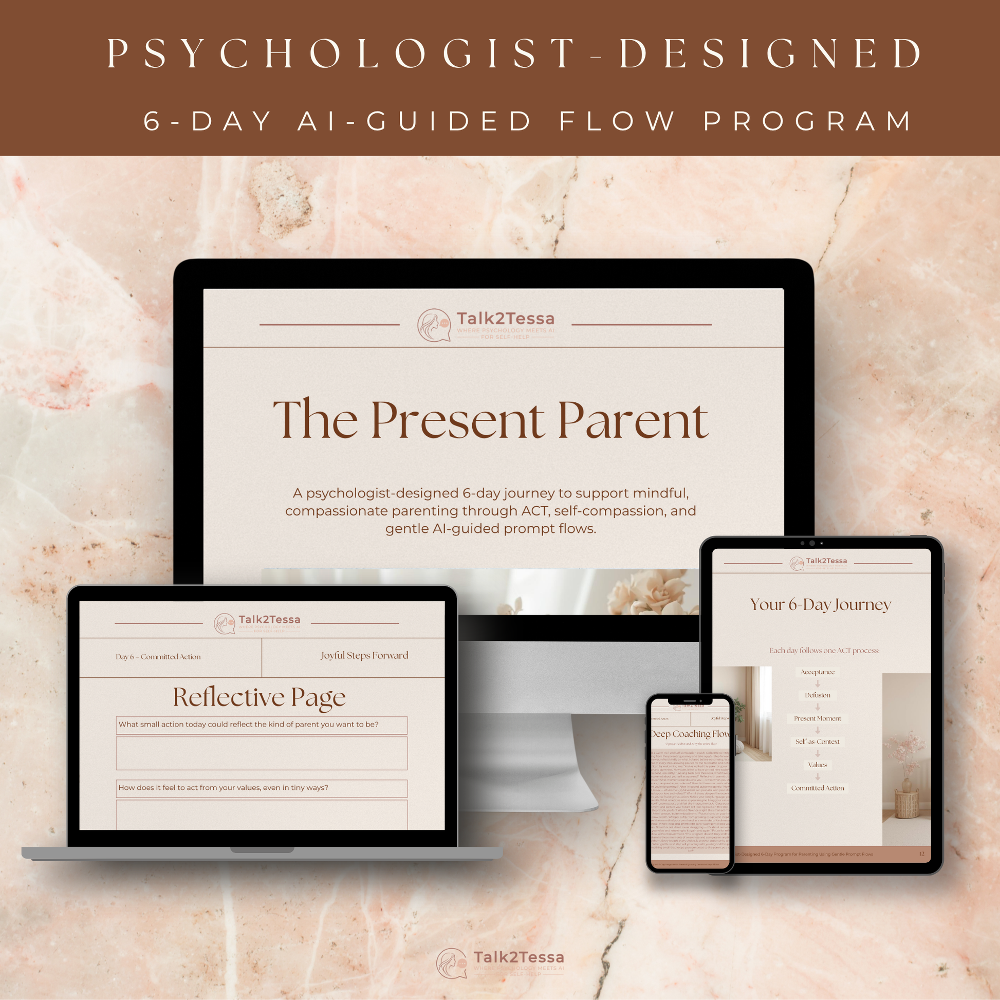 Digital version of The Present Parent workbook displayed on tablet — ACT & self-compassion program for mindful parenting and emotional growth.