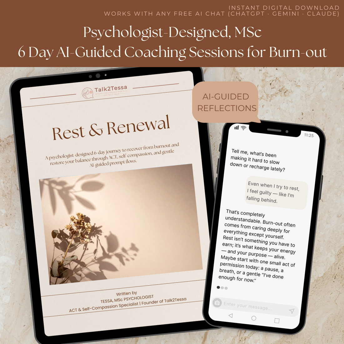 Cover image for Rest & Renewal – A Psychologist-Designed 6-Day Program for Burnout Using Gentle Prompt Flows by Talk2Tessa, combining ACT, self-compassion, and AI-guided self-help for burnout recovery.