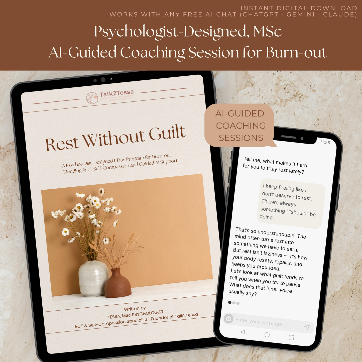 Example dialogue from Rest Without Guilt – A 1-Day Burn-out Recovery Program by Talk2Tessa. Shows a sample ACT-based psychologist-guided prompts between user and AI coach, guiding gentle reflection on burnout recovery, rest without guilt, and self-compassion. Digital self-help workbook designed by psychologist Tessa, MSc, combining ACT therapy and AI-guided coaching for stress relief and emotional balance.