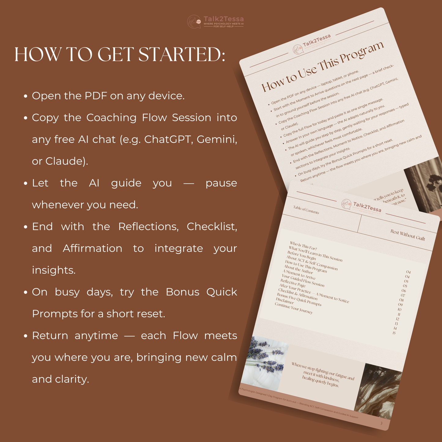 How-to-use instructions from Rest Without Guilt – A 1-Day Program for Burn-out Recovery, explaining how to use psychologist-guided prompts with ChatGPT, Gemini, or Claude. ACT and self-compassion guided self-help for stress, fatigue, and emotional exhaustion.
