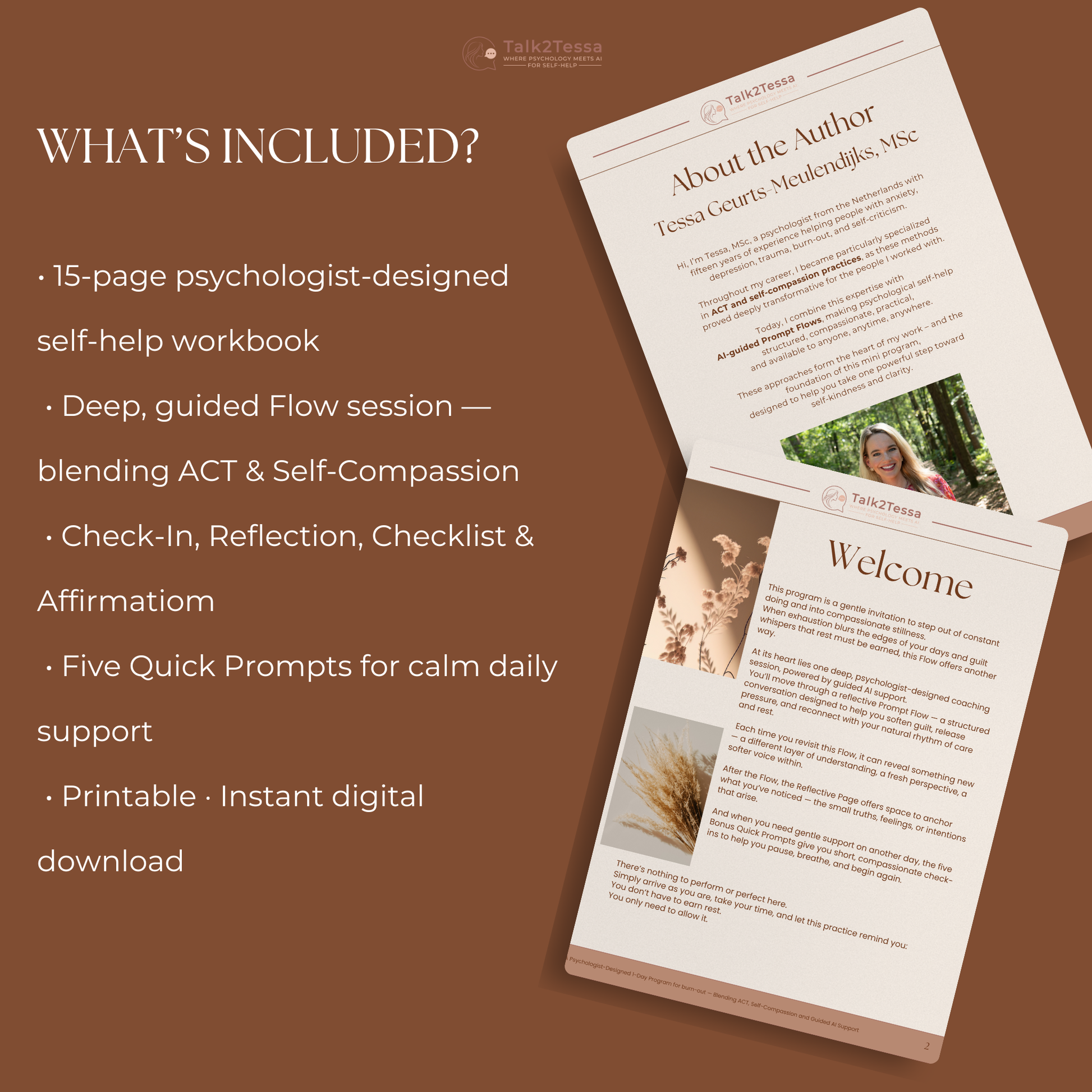 “What’s Included” overview from Rest Without Guilt – A 1-Day Burn-out Recovery Program by Talk2Tessa. Shows the full content list: ACT-based AI Coaching Prompt Flow, Moment to Arrive and Moment to Notice reflection pages, checklist, affirmation, and bonus quick prompts. Digital self-help workbook for burnout recovery, stress relief, and emotional balance designed by psychologist Tessa, MSc.